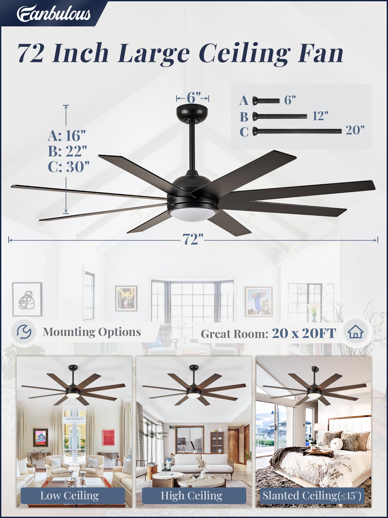 72 Inch Black Ceiling Fan with Lights and Remote - 6 Speed Quiet DC Motor, Reversible Blades, 3 CCT Lighting for Living Room, Bedroom & Outdoor Patio Use