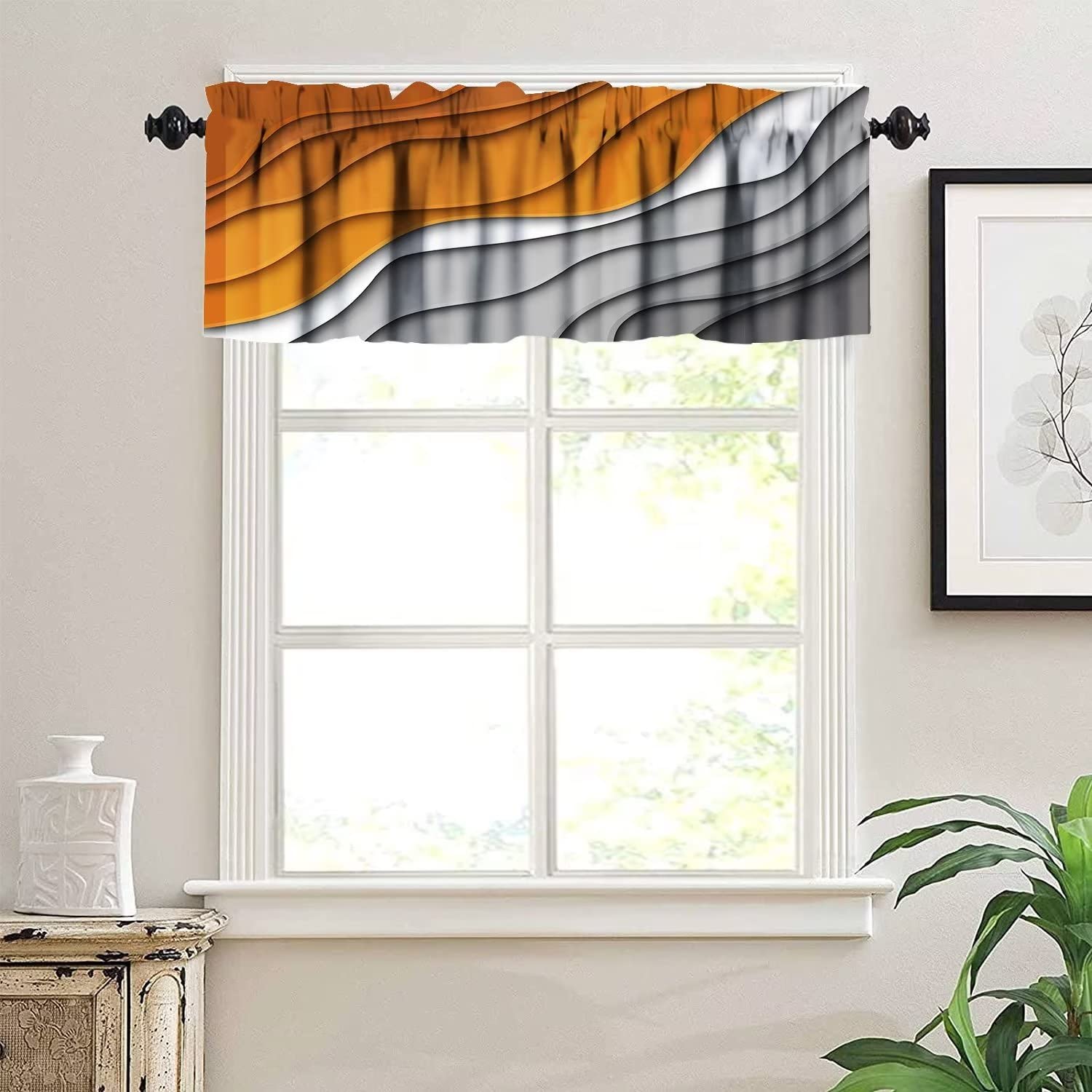 Modern Abstract Geometric Orange & Gray Window Valance - Rod Pocket Kitchen & Bedroom Curtain Panel (54