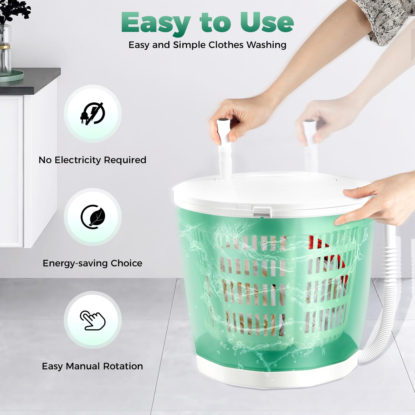 2 in 1 Manual Non-Electric Portable Washing Machine - Compact Spin Dryer for RV Travel, Camping & Small Apartments | Green Mini Washer for Clothes, Socks & Underwear