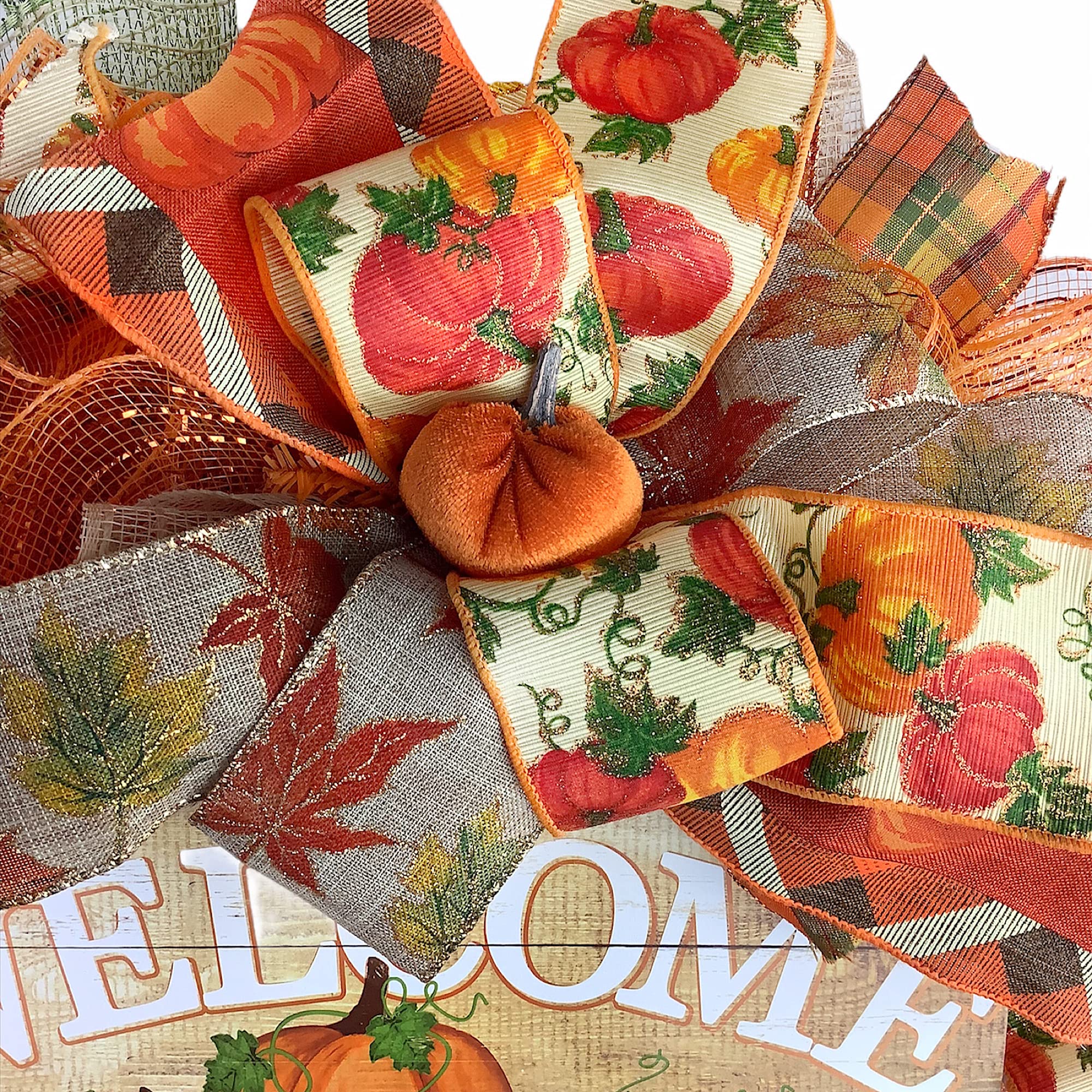 Handmade Autumn Wreath with Velvet Pumpkins & Fall Leaves - Rustic Front Door Decor for Thanksgiving, Halloween & Seasonal Home Decoration