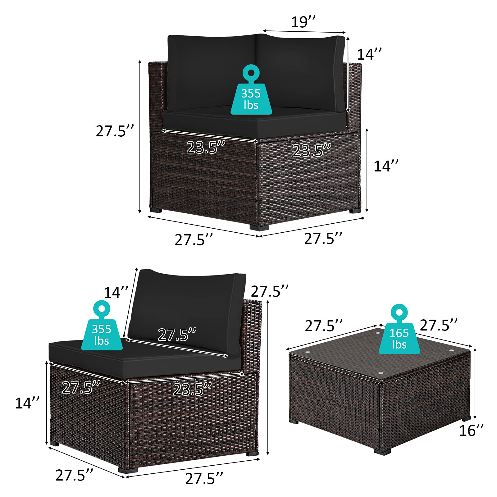 Tangkula 6-Piece Outdoor Patio Furniture Set - All-Weather Wicker Rattan Sectional Sofa with Tempered Glass Coffee Table & Cushions - Perfect for Backyard, Garden, Balcony, Poolside Relaxation (Black) | Ideal for Outdoor Entertaining, Lounging, and Family Gatherings