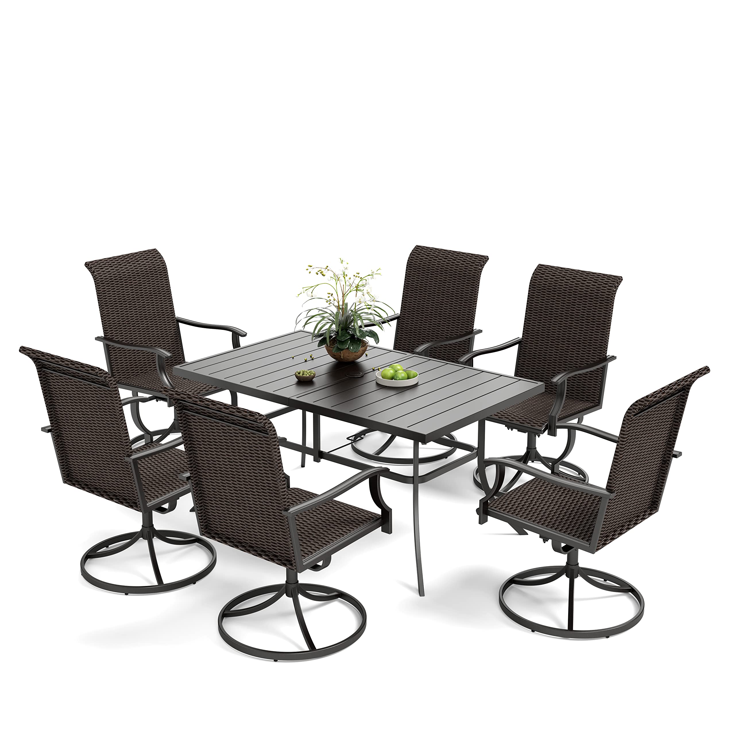 7-Piece Outdoor Patio Dining Set with 6 Rattan Swivel Chairs & 1 Metal Table (1.9