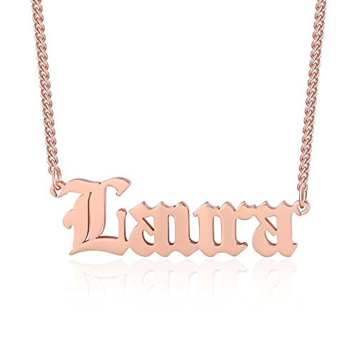 Custom Rose Gold Name Necklace - Personalized Old English Curb Chain Pendant Jewelry for Women - Perfect Gift for Birthday, Anniversary & Valentine's Day