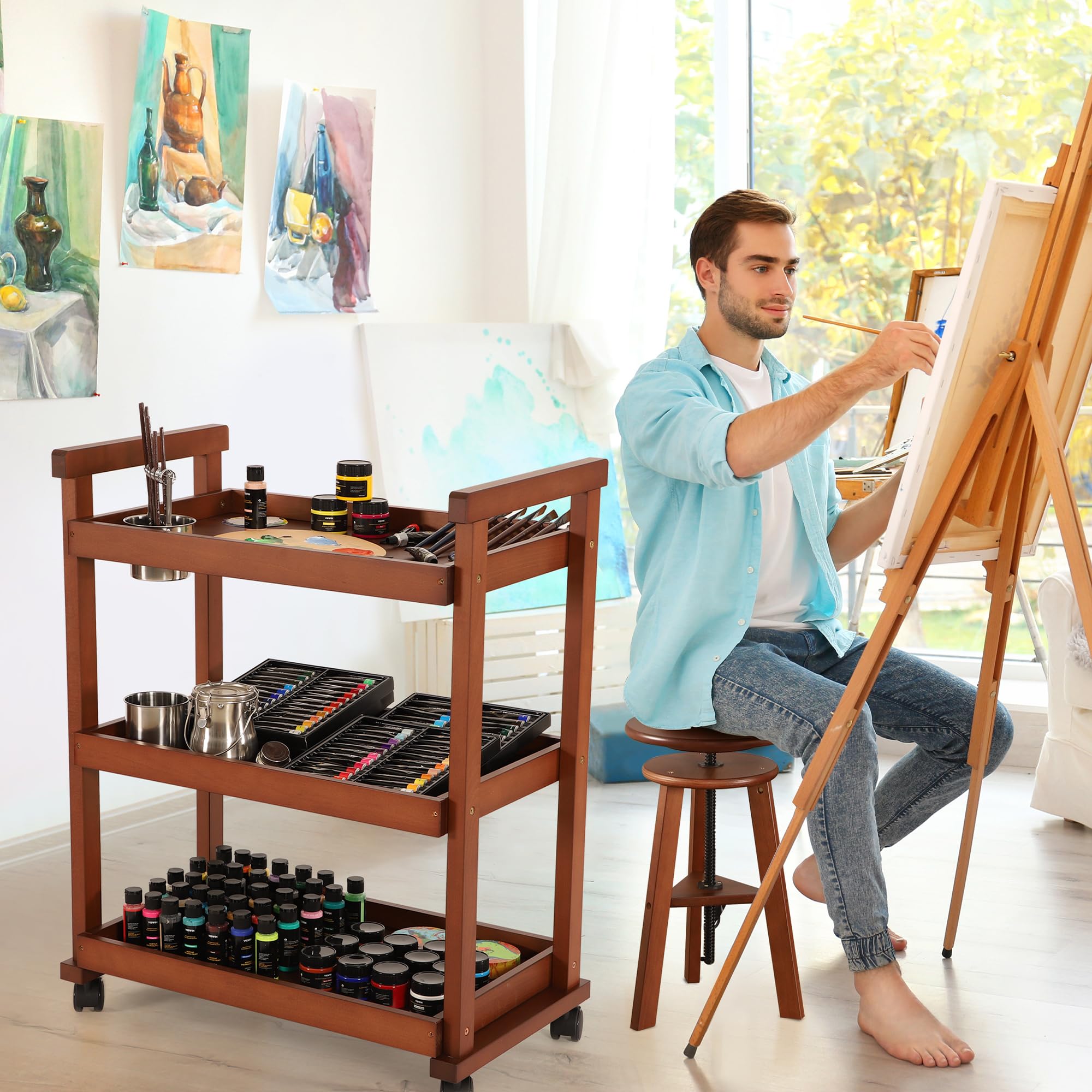 VISWIN 3-Tier Rolling Art Cart Organizer - Solid Beechwood Utility Taboret with Casters, Multifunctional Mobile Storage Trolley for Art Supplies, Classroom & Studio Organization (Walnut Finish) - Perfect for Artists, Teachers & Craft Rooms