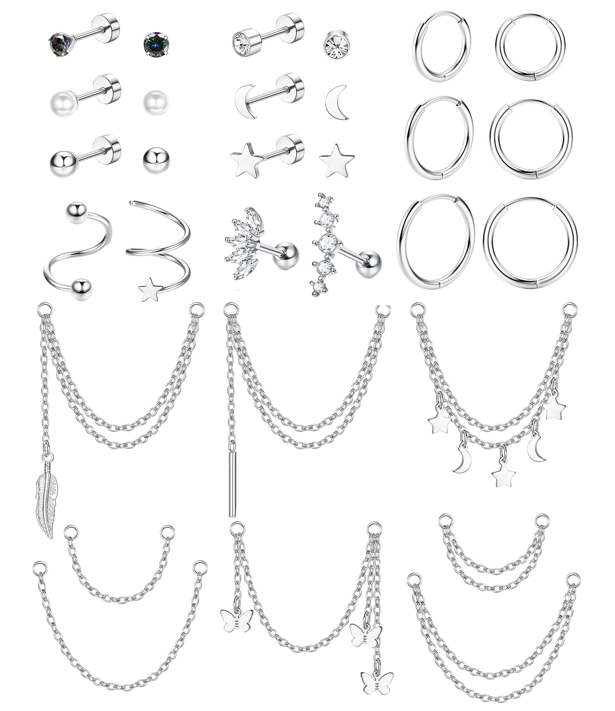 FIBO STEEL 20G Cartilage Earrings Set for Women - Huggie Hoop, Flat Back Stud, Star Moon Butterfly CZ Earrings, Dangle Chain Helix Tragus Piercing Jewelry | Perfect for Daily Wear, Parties & Gifts