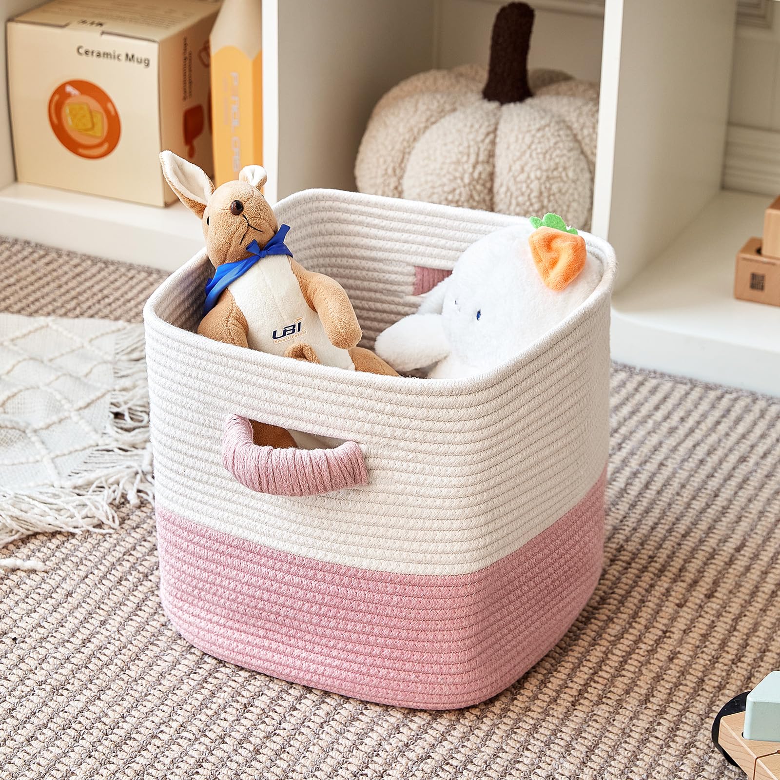 11 Inch Woven Storage Cube Baskets - 3 Pack Square Organizer Bins for Shelves, Closet & Toy Storage | White & Pink | Perfect for Home Organization, Kids Room & Nursery Decor