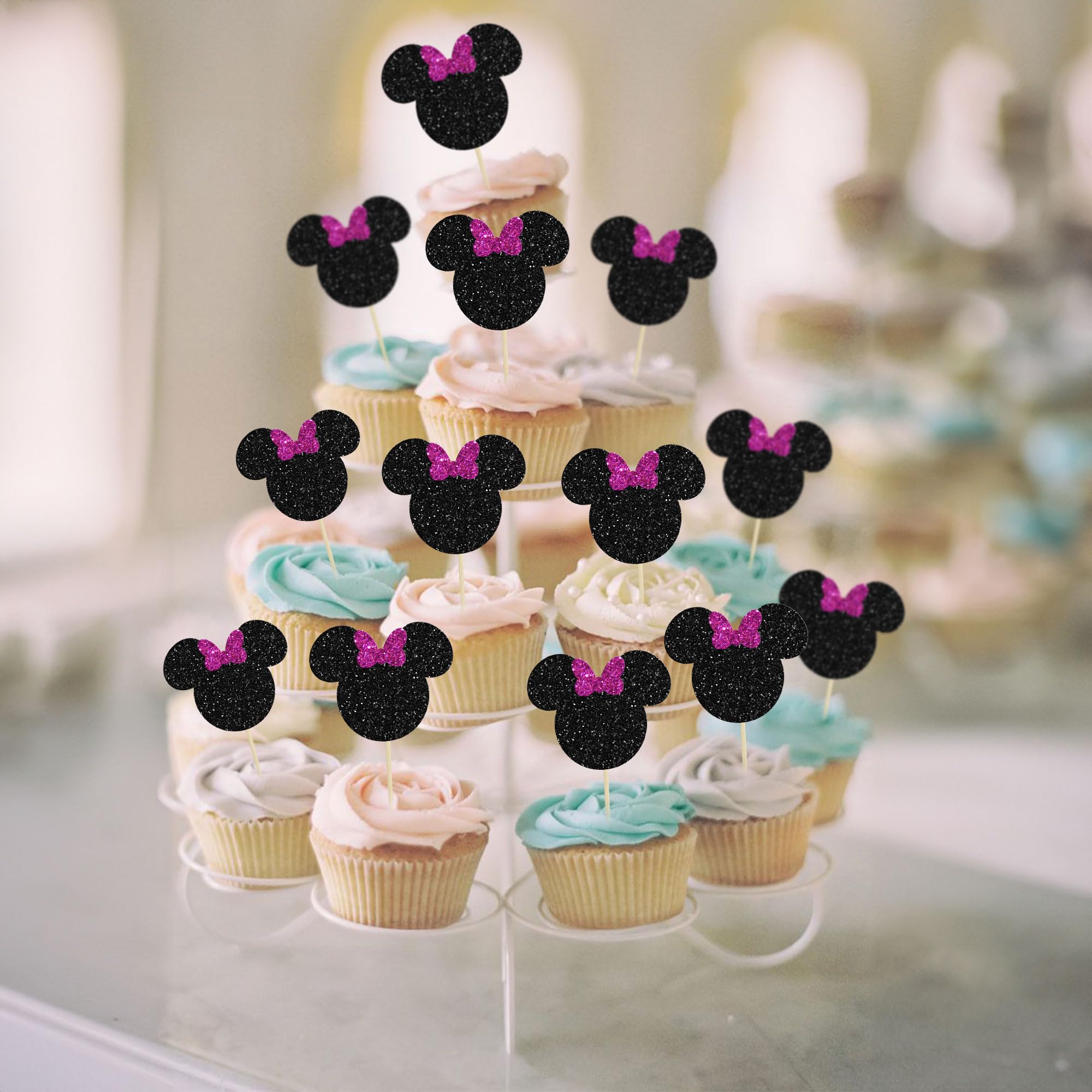 Purple Glitter Mouse Cupcake Toppers - 36 Pack for Baby Showers & Birthdays