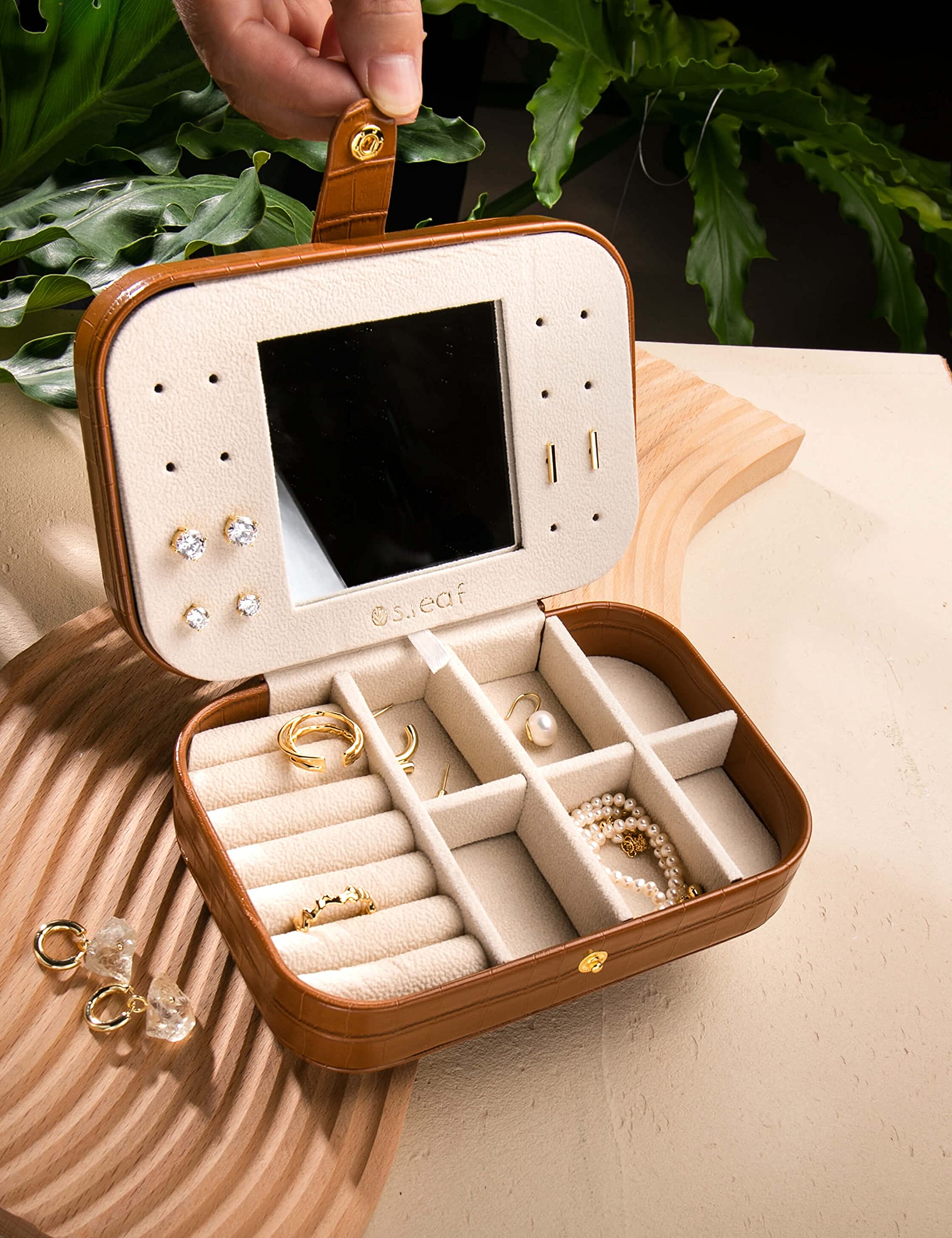 S.Leaf Premium Travel Jewelry Organizer Box for Women - Portable Small Jewelry Case with Secure Storage - Crocodile Brown (Large Size) - Perfect for Vacations, Business Trips & Daily Use
