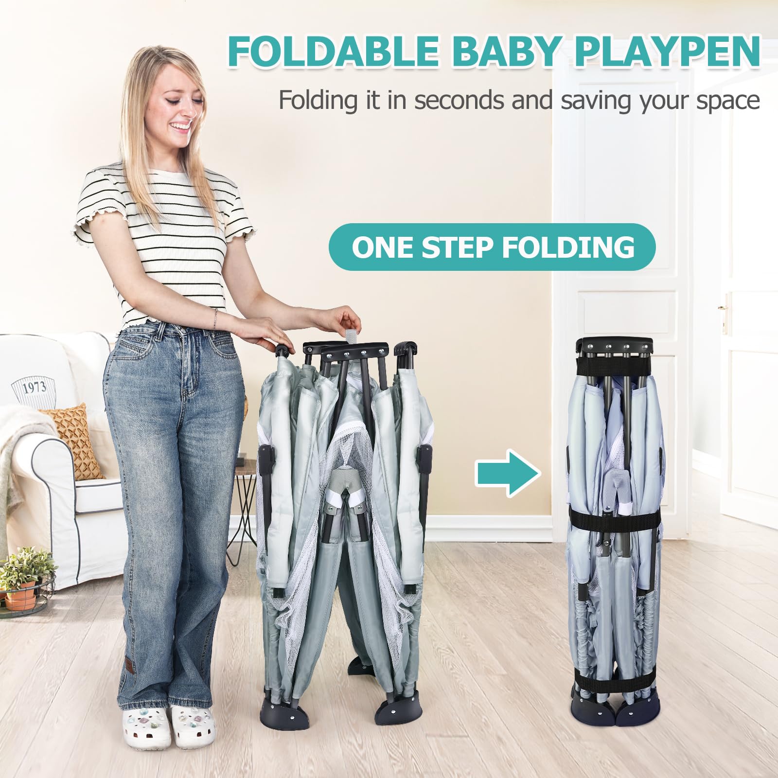 Foldable Baby Playpen for Toddlers - Large Portable Play Yard with 2 Storage Bags & 50 Balls (59