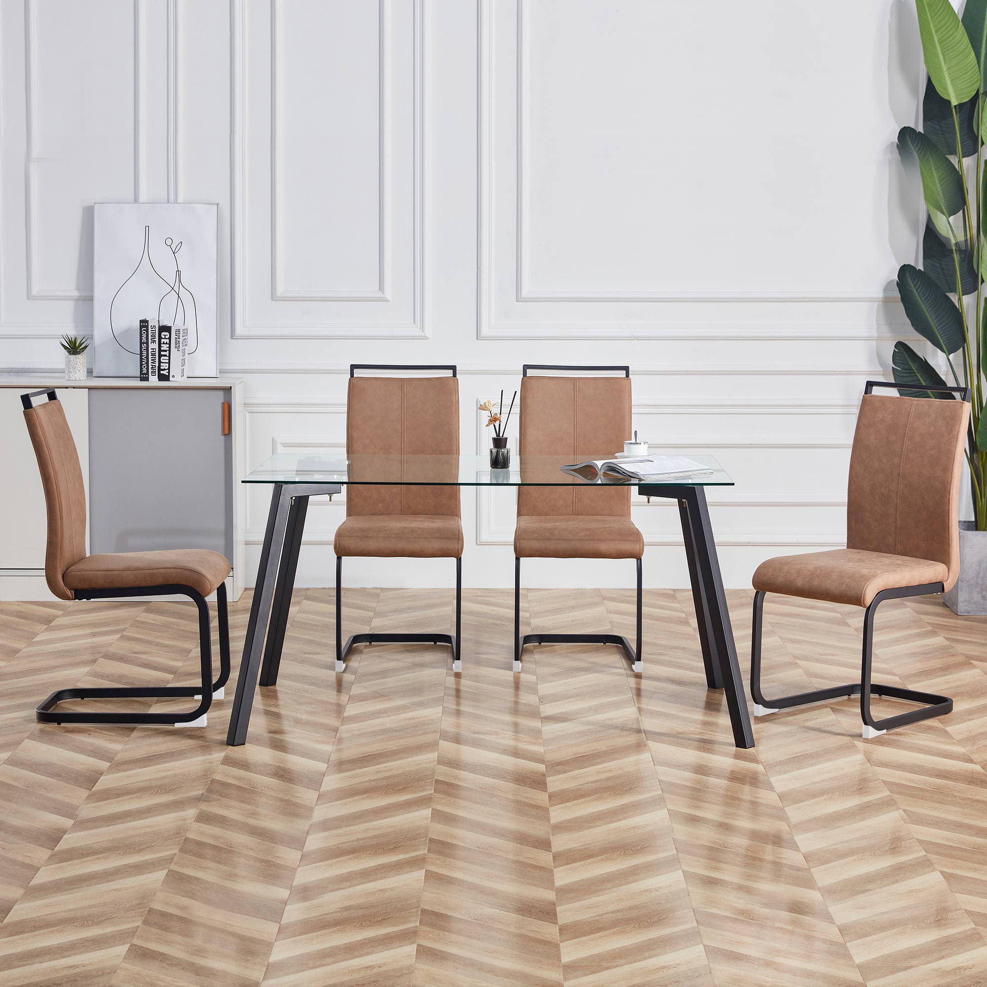 Baysitone Modern Dining Chairs Set of 4 - High Back Kitchen Chairs with Leatherette Padded Seats - Brown Dining Room Chairs for Kitchen, Living Room & Restaurant - Perfect for Family Dinners & Entertaining Guests