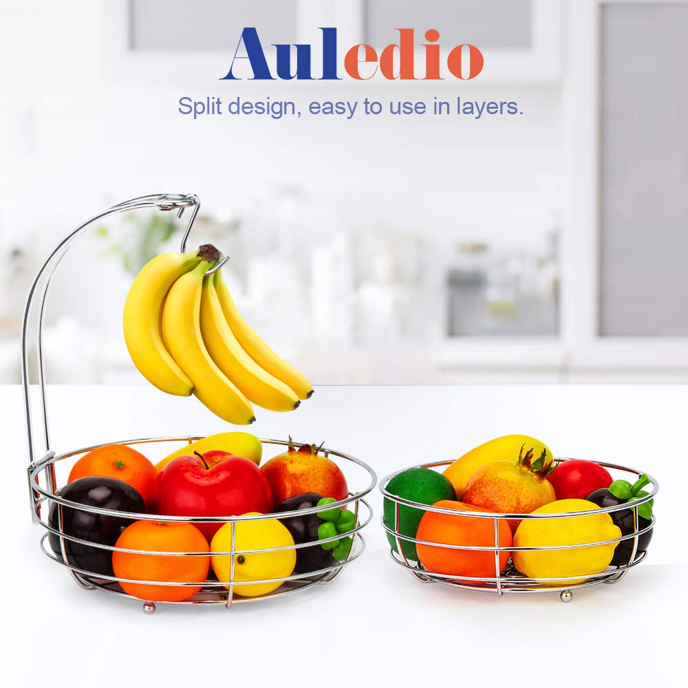 Auledio 2-Tier Countertop Fruit and Vegetable Storage Basket with Banana Hanger - Chrome Metal Kitchen Organizer for Fresh Produce Display in Pantry or Dining Room