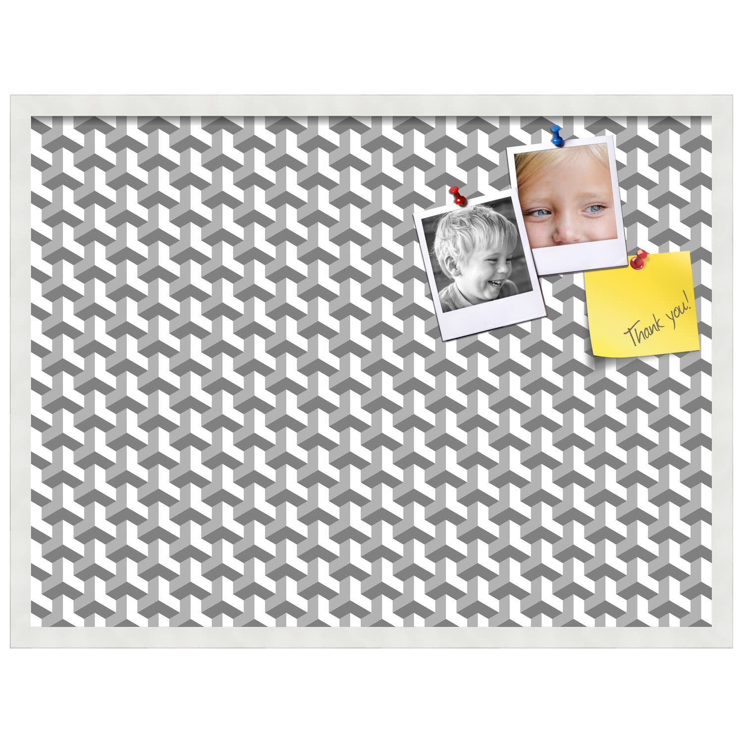 PinPix 32x24 Inch Cork Bulletin Board - Decorative Framed Pin Board with BAUS Grey White Design & Satin White Frame - Perfect for Home Office Decor, School Classroom, Dorm Room Organization & Wall Memo Display (PinPix-1514)