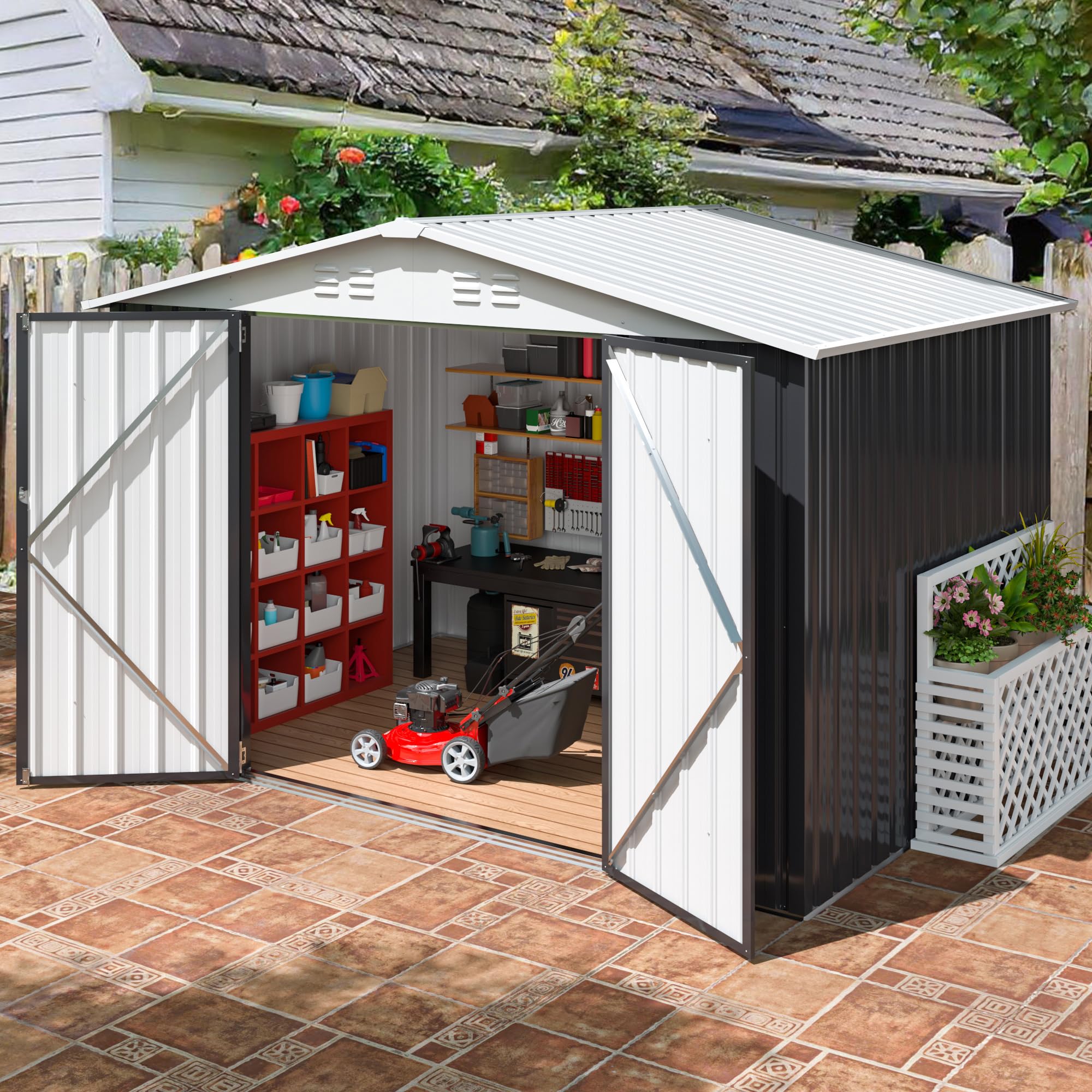 6x8 FT Outdoor Storage Shed - Heavy Duty Metal Garden Shed with Reinforced Frame & Lockable Doors - Weatherproof Tool Shed for Backyard, Patio, Lawn (White) - Perfect for Storing Gardening Tools, Lawn Equipment & Outdoor Furniture