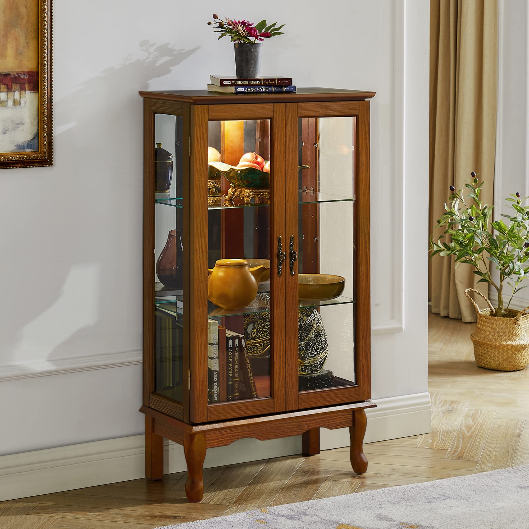 Lighted Curio Cabinet with Adjustable Shelves & Mirrored Back - 3-Tier Oak Wood Display Case with Tempered Glass Doors - Perfect for Showcasing Collectibles, China, or Home Decor