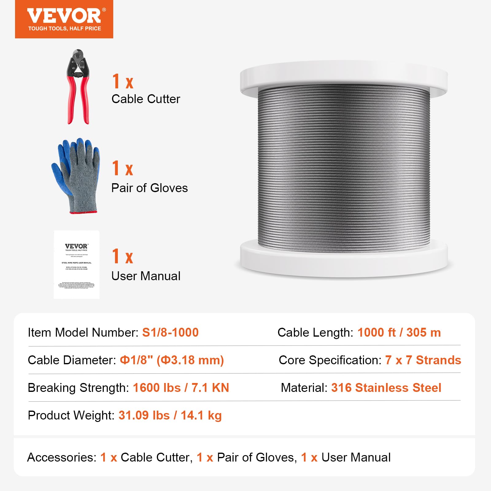 VEVOR 1/8 Inch 7x7 Strand Stainless Steel 316 Cable Railing Kit - 1000 FT Marine Grade Aircraft Cable with Cutter & Gloves, 1600 lbs Breaking Strength - Perfect for Outdoor Handrails, Stair Railings, Decking, Fences & Marine Applications