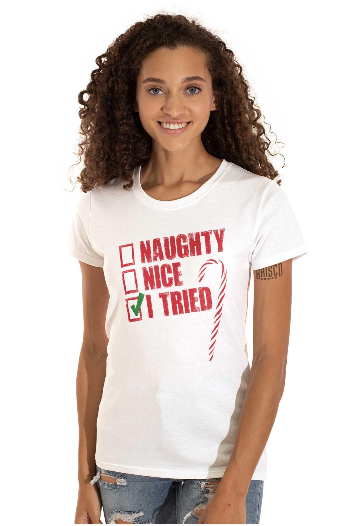 Classic Christmas Naughty Nice Graphic Tee for Women & Juniors - Fun Holiday Party Outfit & Gift Idea