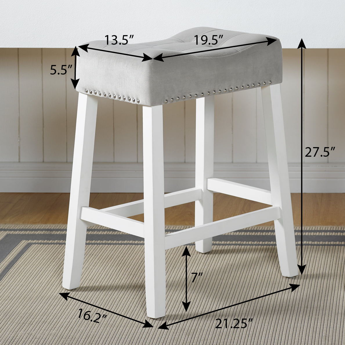 Roundhill Furniture Morovo Set of 2 Velvet Counter Height Bar Stools with Tufted Saddle Seats - White Wash Finish & Gray Upholstery - Perfect for Kitchen Islands, Breakfast Bars & Home Decor