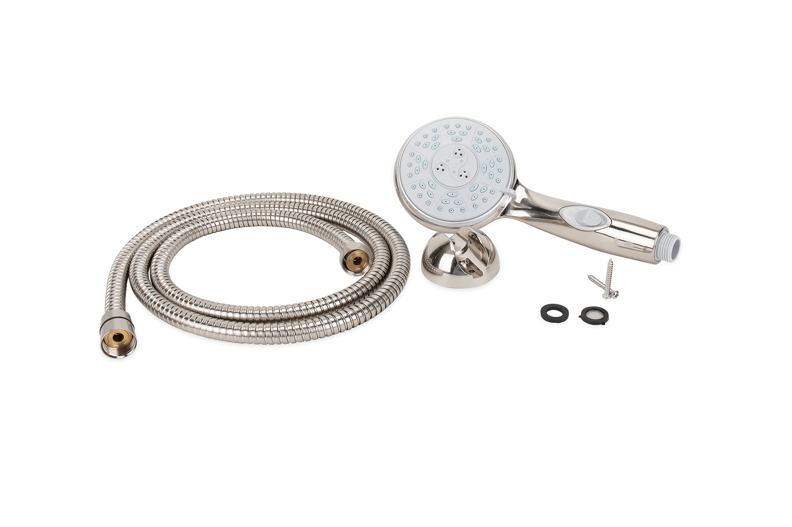Camco Complete RV/Marine Shower Head Kit with On/Off Switch - 5 Adjustable Spray Patterns, Brushed Nickel Finish (43747) | Water Saving Shower for RV, Boat & Tiny Homes