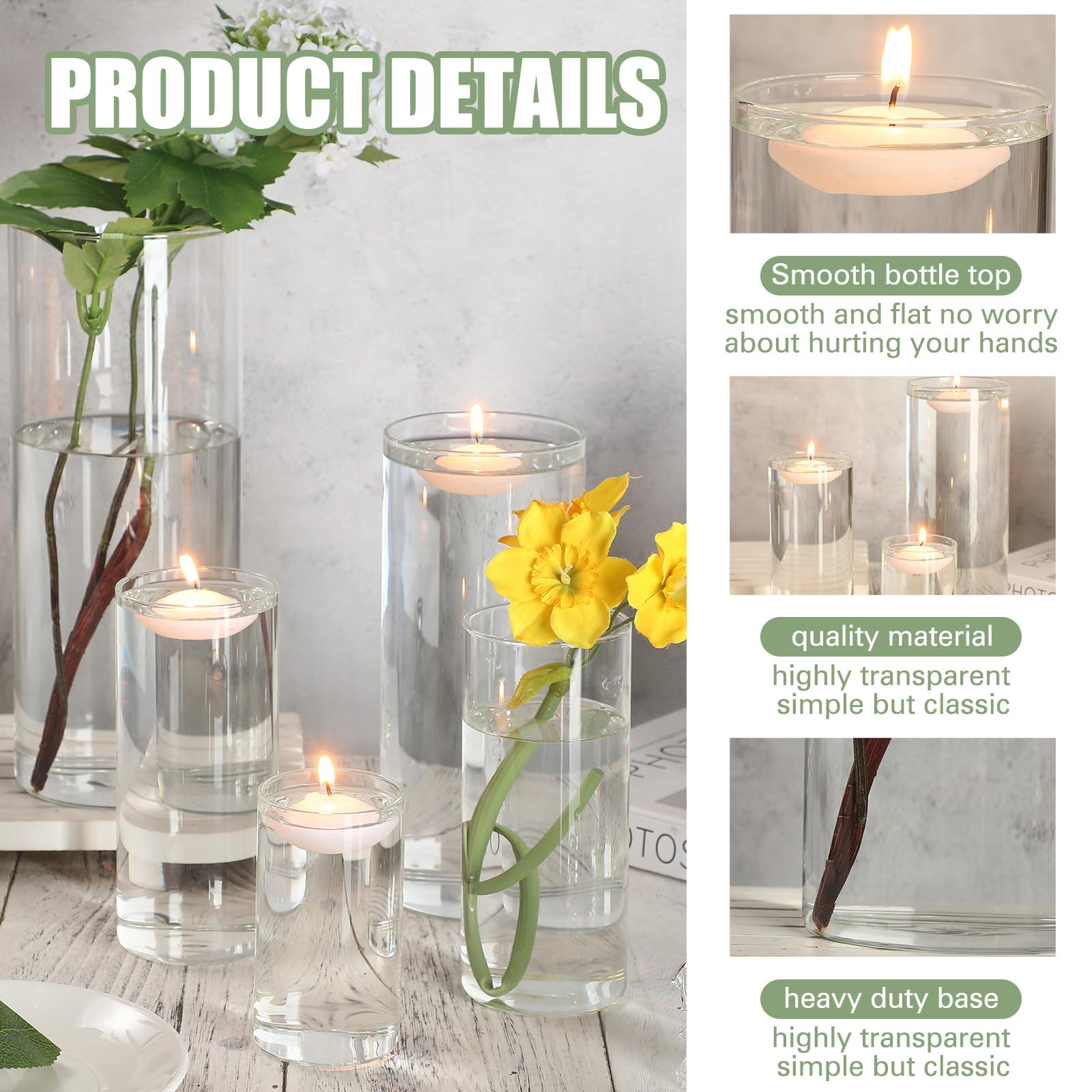 48 Pcs Glass Cylinder Vase Set - 4 Sizes (4/6/8/10 Inch) Clear Round Hurricane Vases with 96 Floating Candles for Wedding Centerpieces, Holiday Decor, Party Events & Home Decoration - Perfect for Table Settings, Floating Flower Displays & Candlelight Dinners