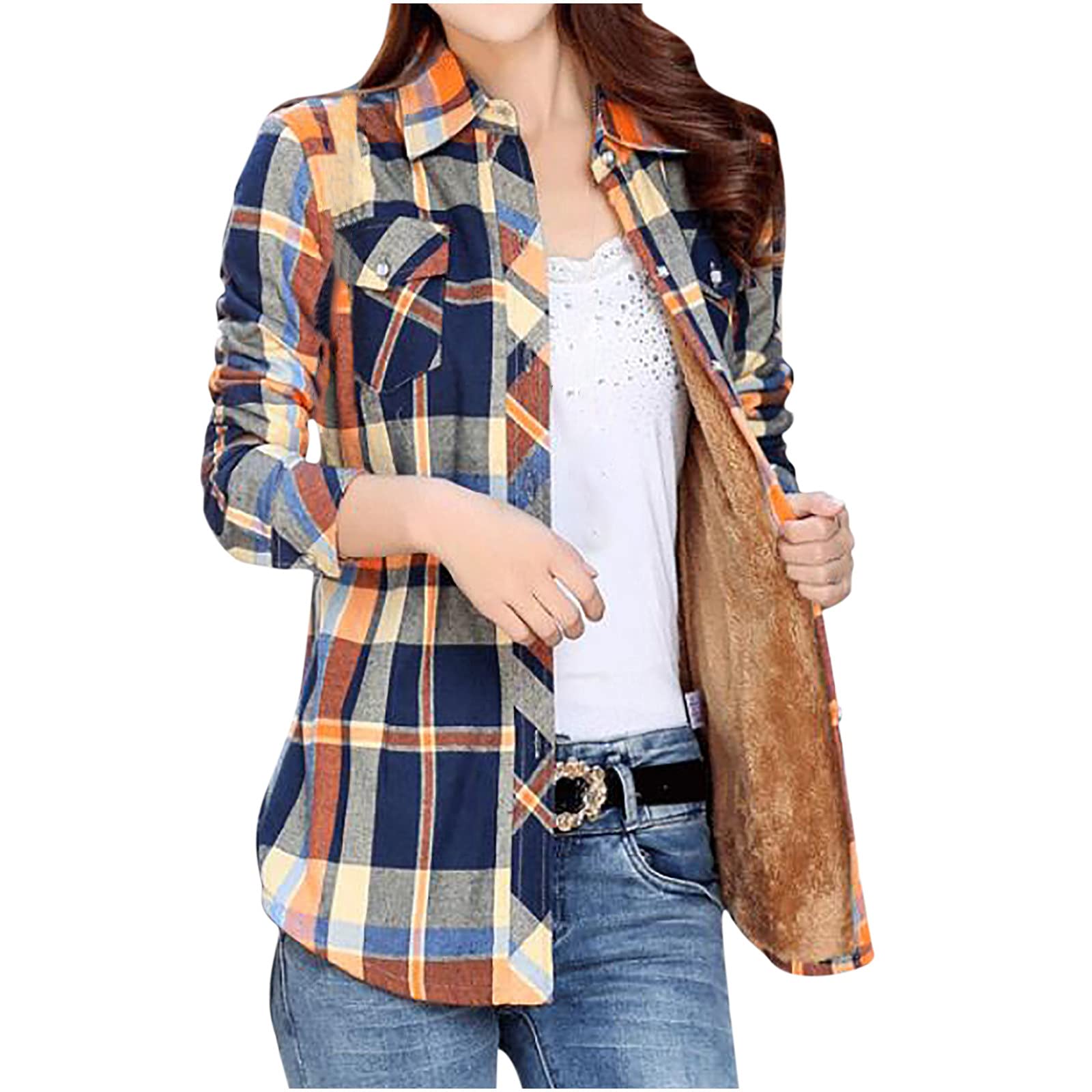 Anjikang Women's Fleece Plaid Jacket - Winter Warm Lapel Coat for Outdoor Activities, Hiking & Casual Wear