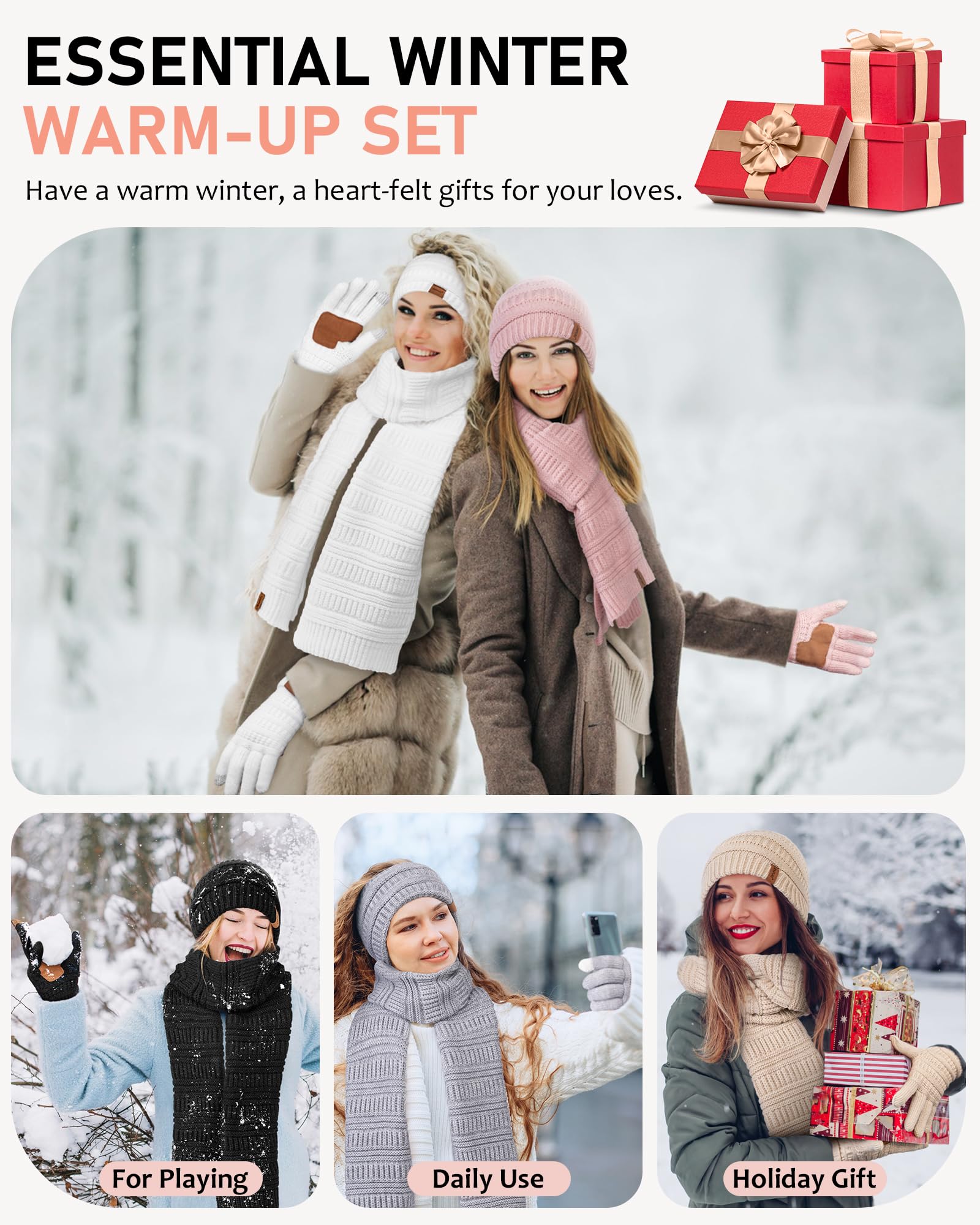 Women's Winter Beanie Hat Scarf Gloves Headband Set - Slouchy Knit Beanie, Ear Warmer, Touchscreen Gloves - Warm 4-Piece Gift Set for Cold Weather, Outdoor Activities, Skiing, Snowboarding & Daily Winter Wear