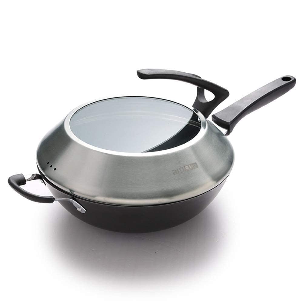 Premium GDSKL Cast Iron Wok - 34cm Round Bottom Uncoated Chinese Cooking Pan with Double Handles - Perfect for Gas Stove, Stir Frying, Deep Frying & Asian Cuisine - Ideal for Home Chefs & Restaurant Use