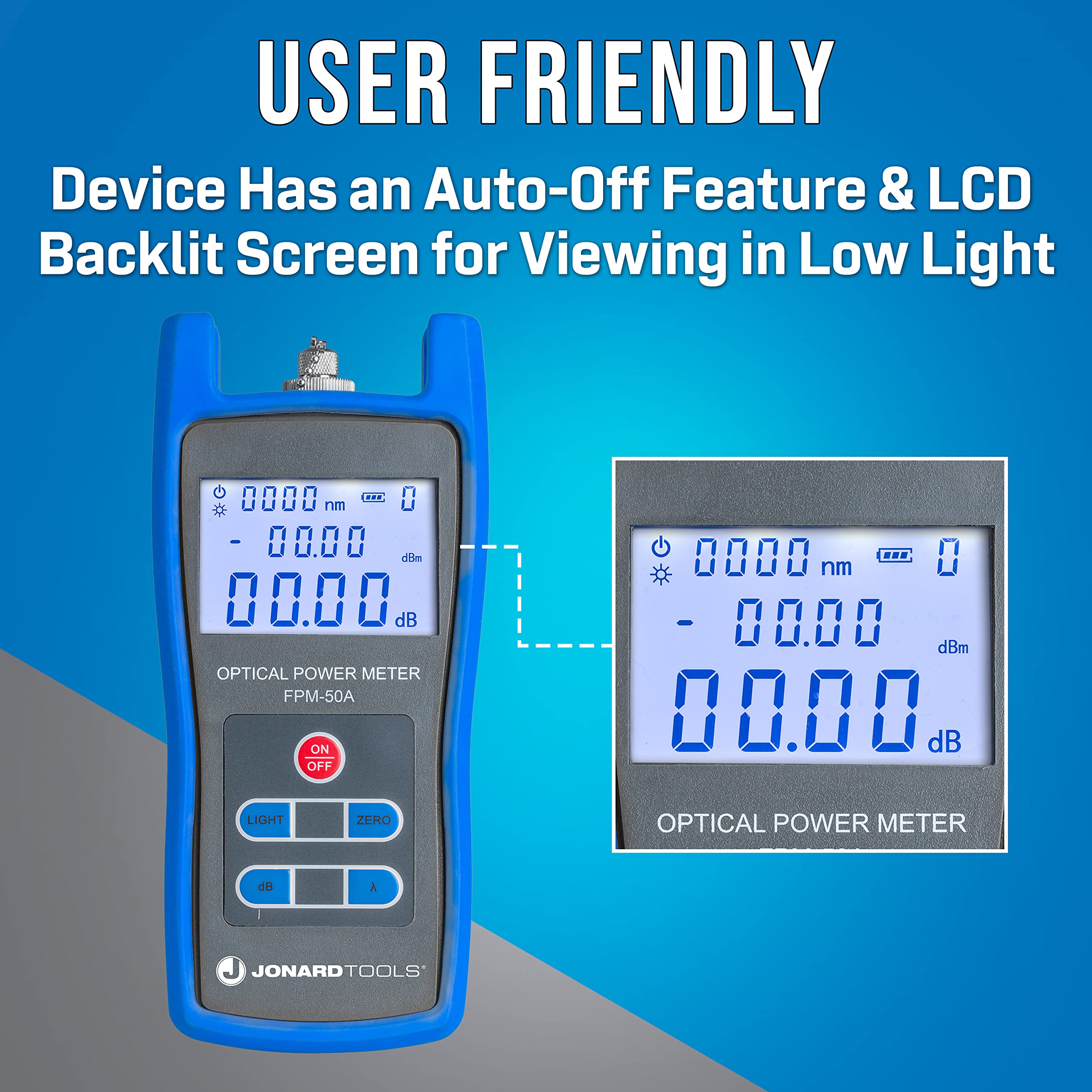 Jonard Tools FPM-50A High Precision Fiber Optic Power Meter (-50 to +26 dBm) with FC/SC/LC Adapters - Ideal for Telecom, Data Centers & Network Testing - Includes Carry Case for Easy Transport