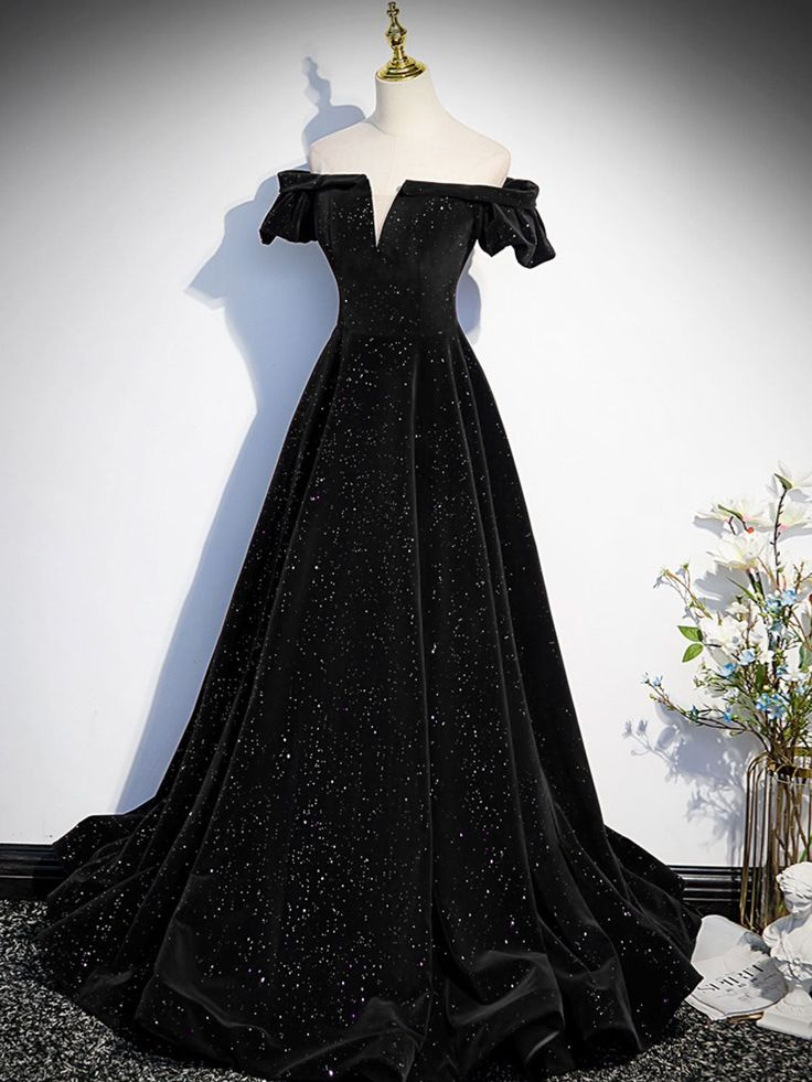 Black Sparkling Off Shoulder A-Line Velvet Long Prom Dress J4278 - Elegant Formal Gown for Homecoming, Evening Parties & Special Occasions