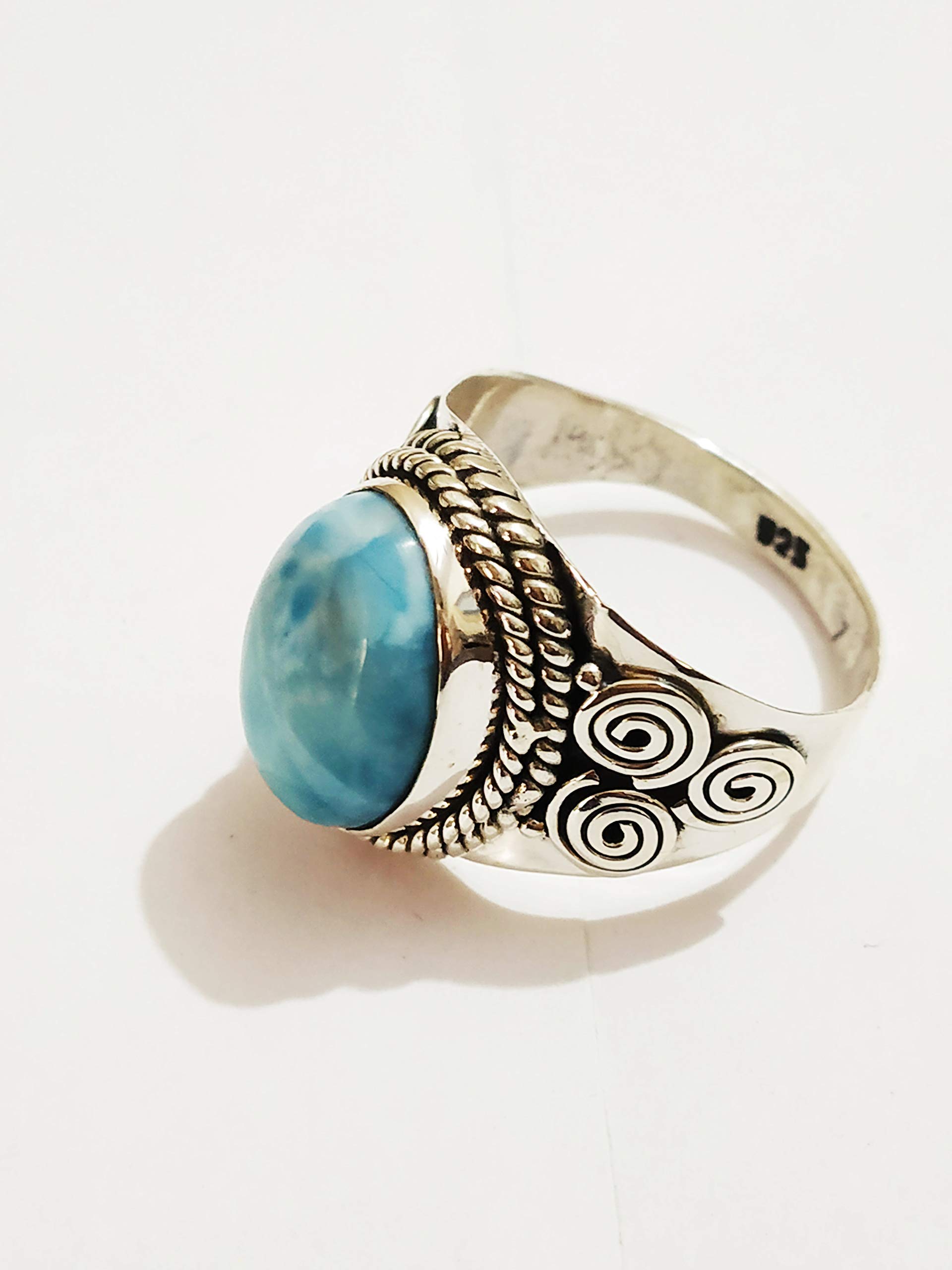 Larimar Ring - 925 Sterling Silver Sky Stone Ring | Dominican Larimar Jewelry | Boho Healing Vintage Style Ring | Perfect for Engagement, BFF Gifts & Spiritual Healing | Handmade Artisan Blue Stone Ring for Women