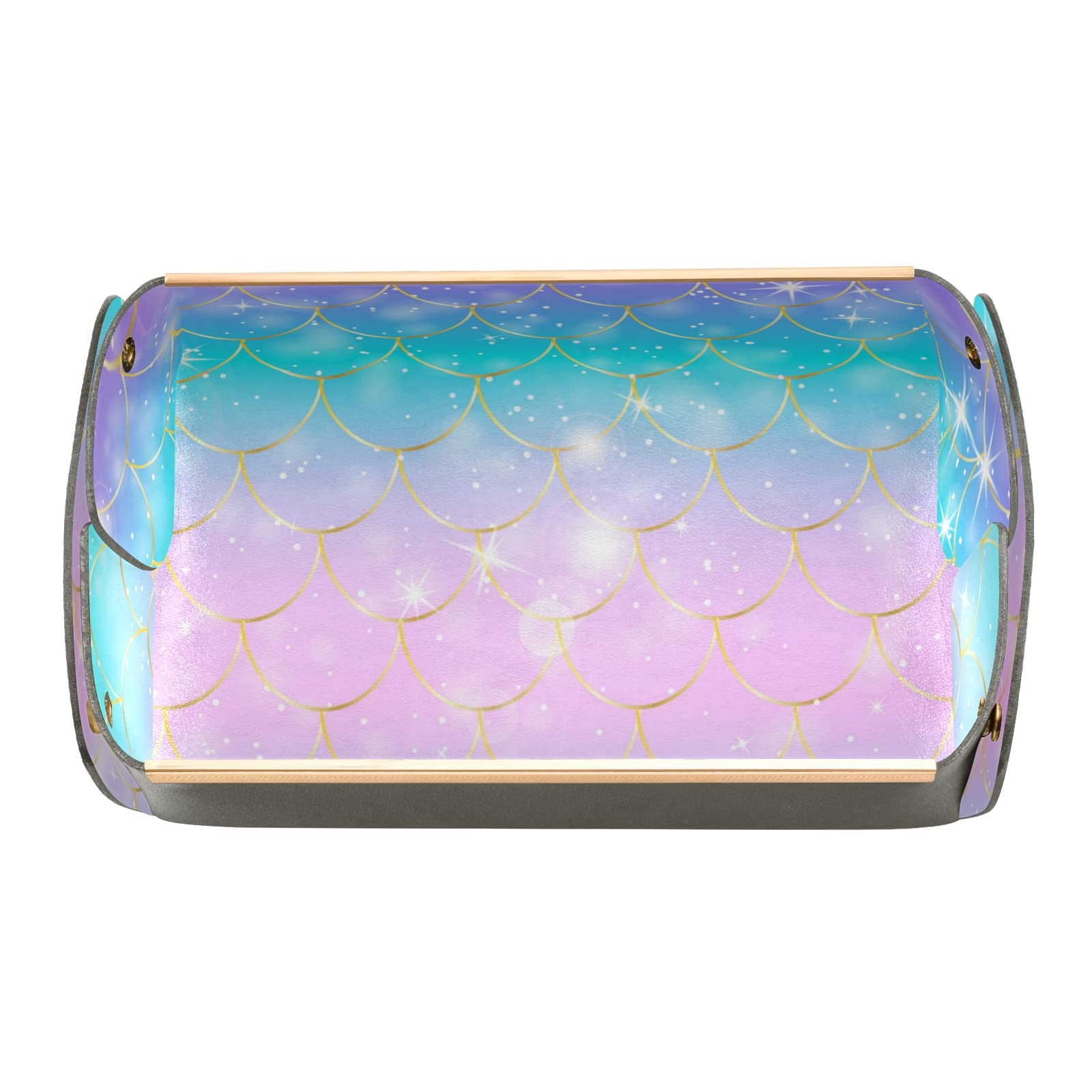 **Colorful Mermaid Tail Glitter Scale Rectangular Desk Organizer Tray - PVC Leather Jewelry & Vanity Storage Tray, Detachable & Foldable for Counter, Tissues, Keys & Accessories | Perfect for Home, Office & Gift Giving**