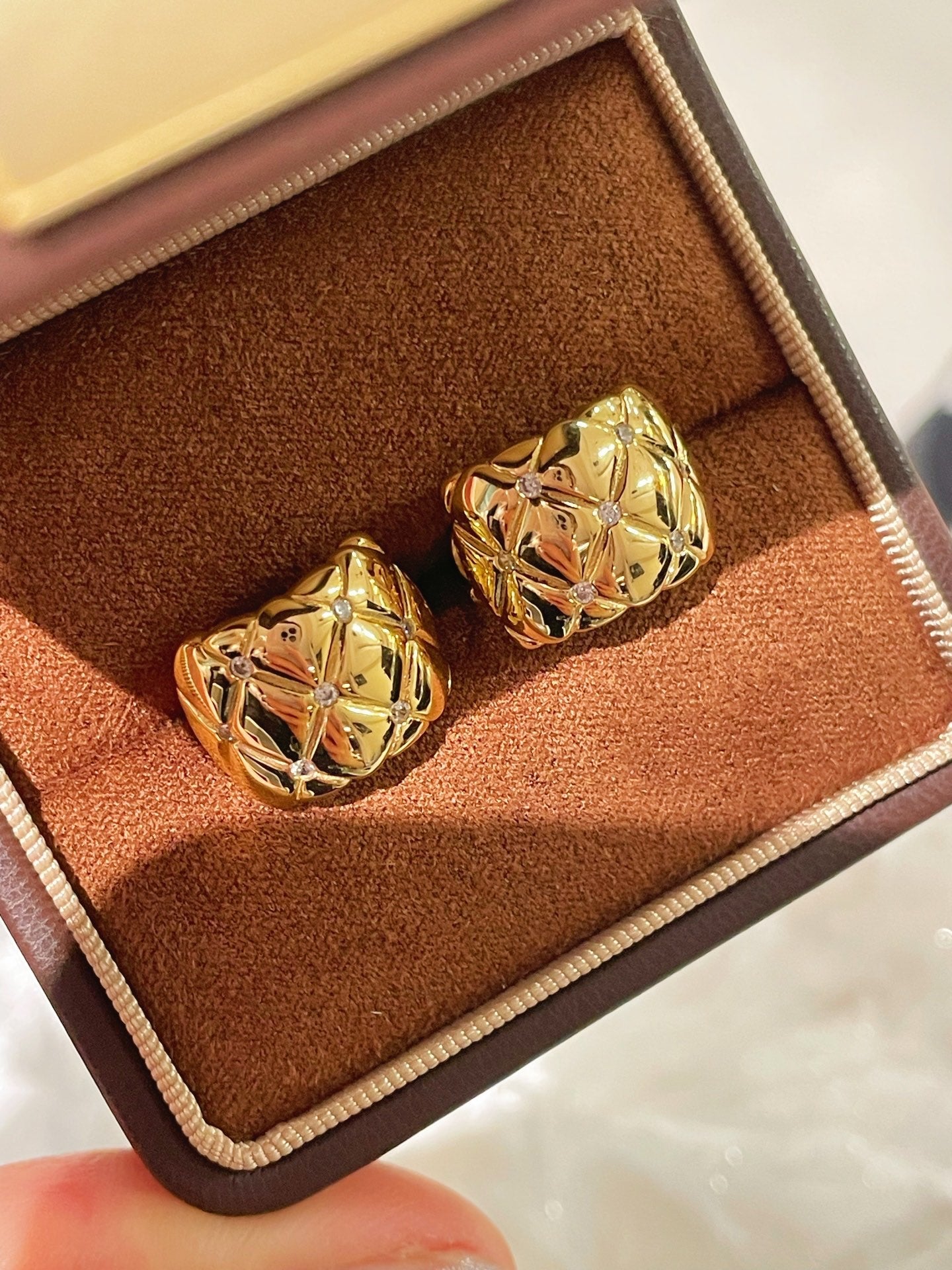 Diamond Cut Quilted Clip On Stud Earrings in Gold - Perfect for Parties, Weddings & Special Occasions