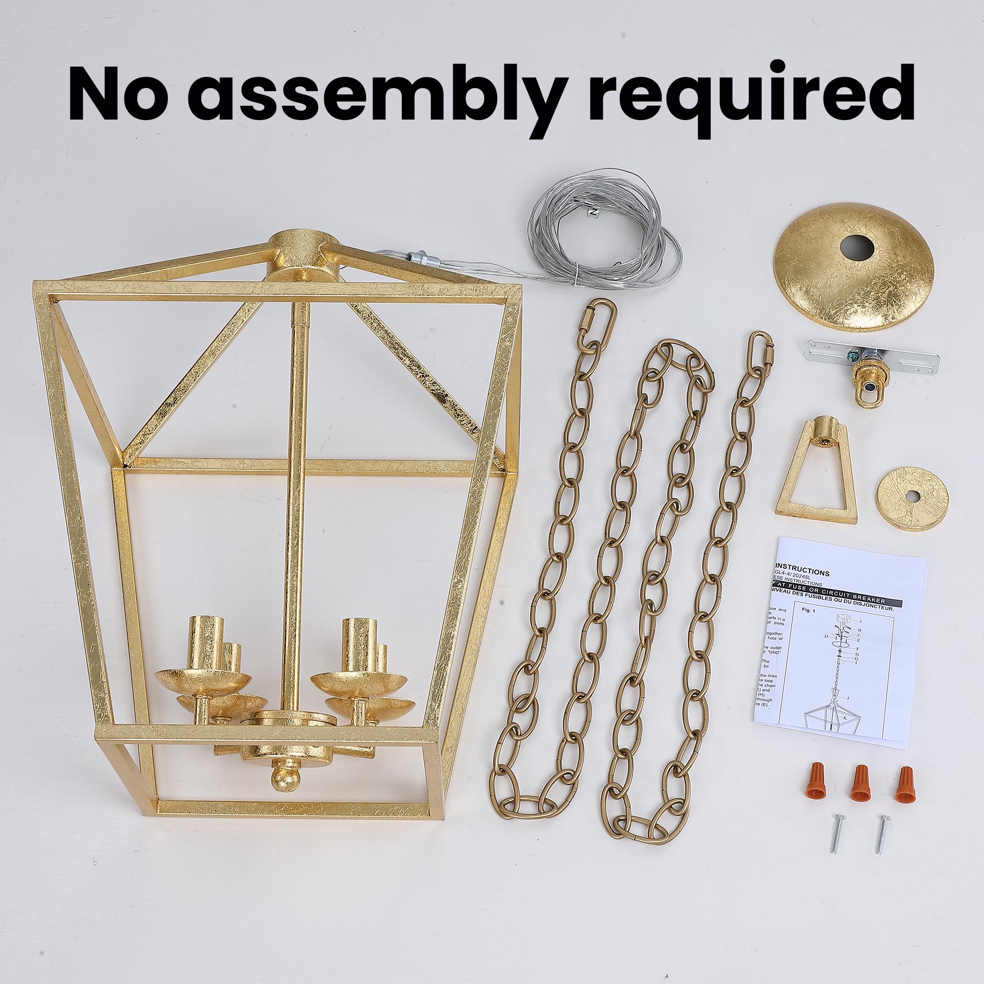 Untrammelife 4-Light Aged Gold Lantern Pendant Light - Adjustable Height Metal Geometric Chandelier with 12’’ Classic Cage Design & Hand-Pasted Gold Foil Finish - Perfect for Kitchen Island, Dining Room, Hallway, and Entryway Lighting