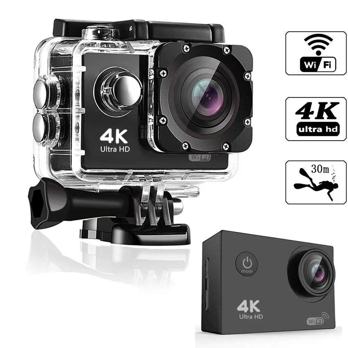 **WJPUELUO 4K30FPS WiFi Action Camera - Ultra HD Underwater Waterproof Sports Camera with Remote Control (Yellow) - Perfect for Diving, Surfing, Skiing & Outdoor Adventures**