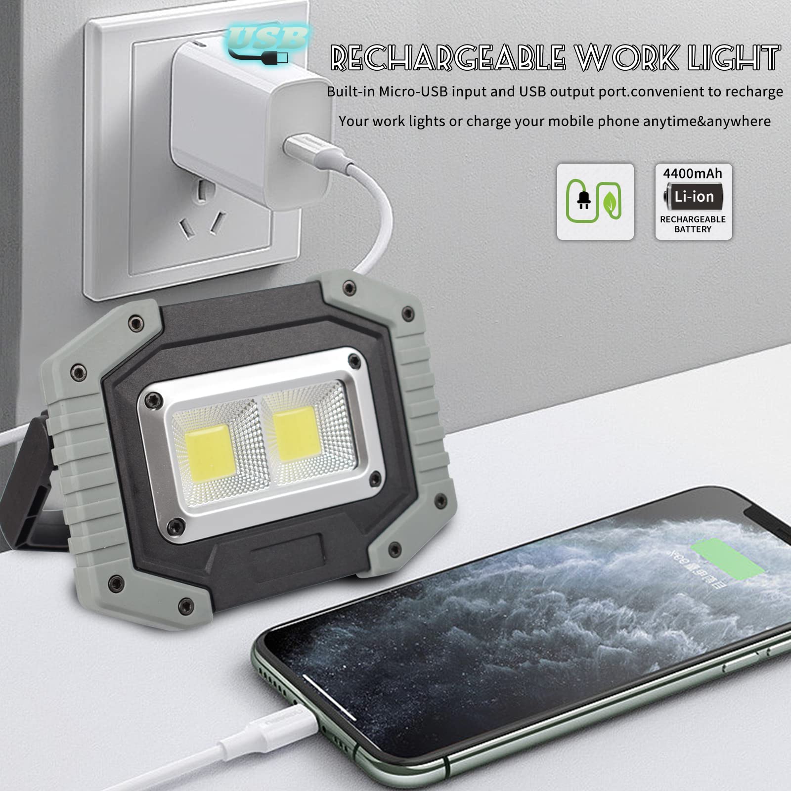 OTYTY 2-Pack 30W 1500LM Rechargeable LED Work Light with Magnetic Base, 4200mAh Battery - Portable Flood Lights for Camping, Car Repair, Emergency, Outdoor & Indoor Use (W840 Grey)