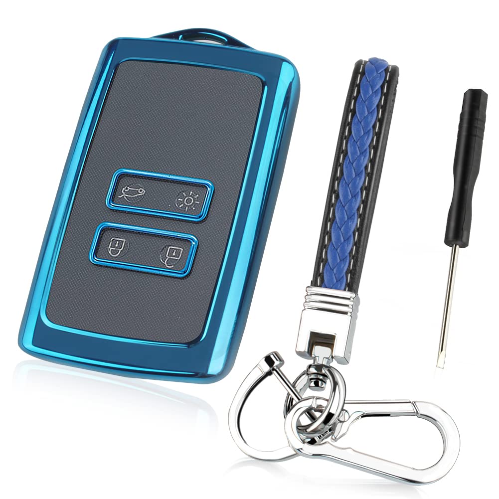 Renault 4 Button Car Key Cover - Leather Key Card Case with Small Screwdriver Accessories | TPU Protective Keychain (Blue) | Perfect for Renault Clio, Megane & Scenic Key Protection