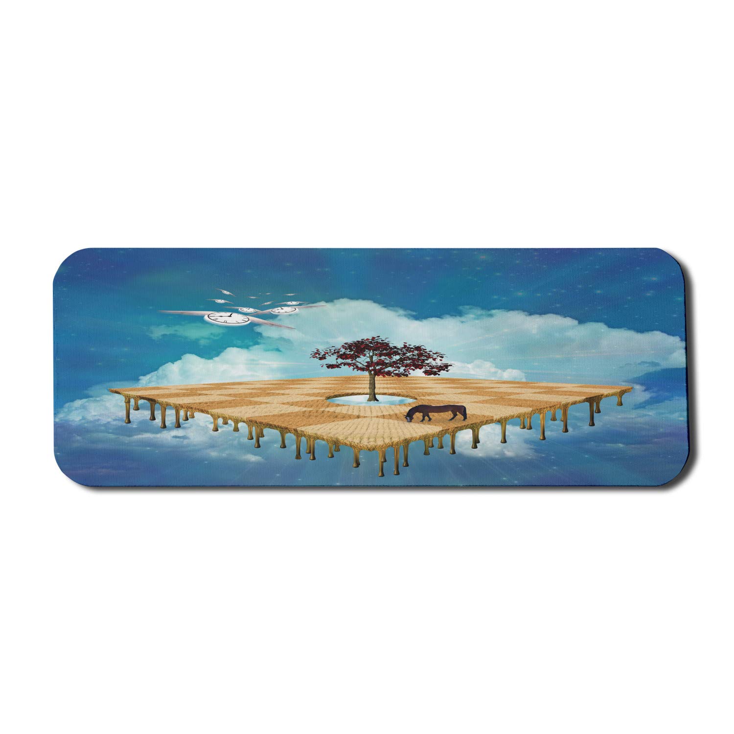 Ambesonne Mystic Computer Mouse Pad - Surreal Landscape with Clouds, Tree Horse & Flying Clock Birds Illusion Art - Large 31