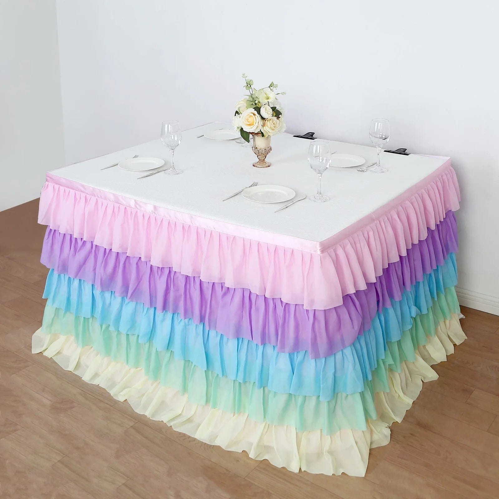 14 ft Chiffon 5 Tier Ruffled Tutu Table Skirt with Satin Backing - Elegant Party Decor for Weddings, Baby Showers & Banquets