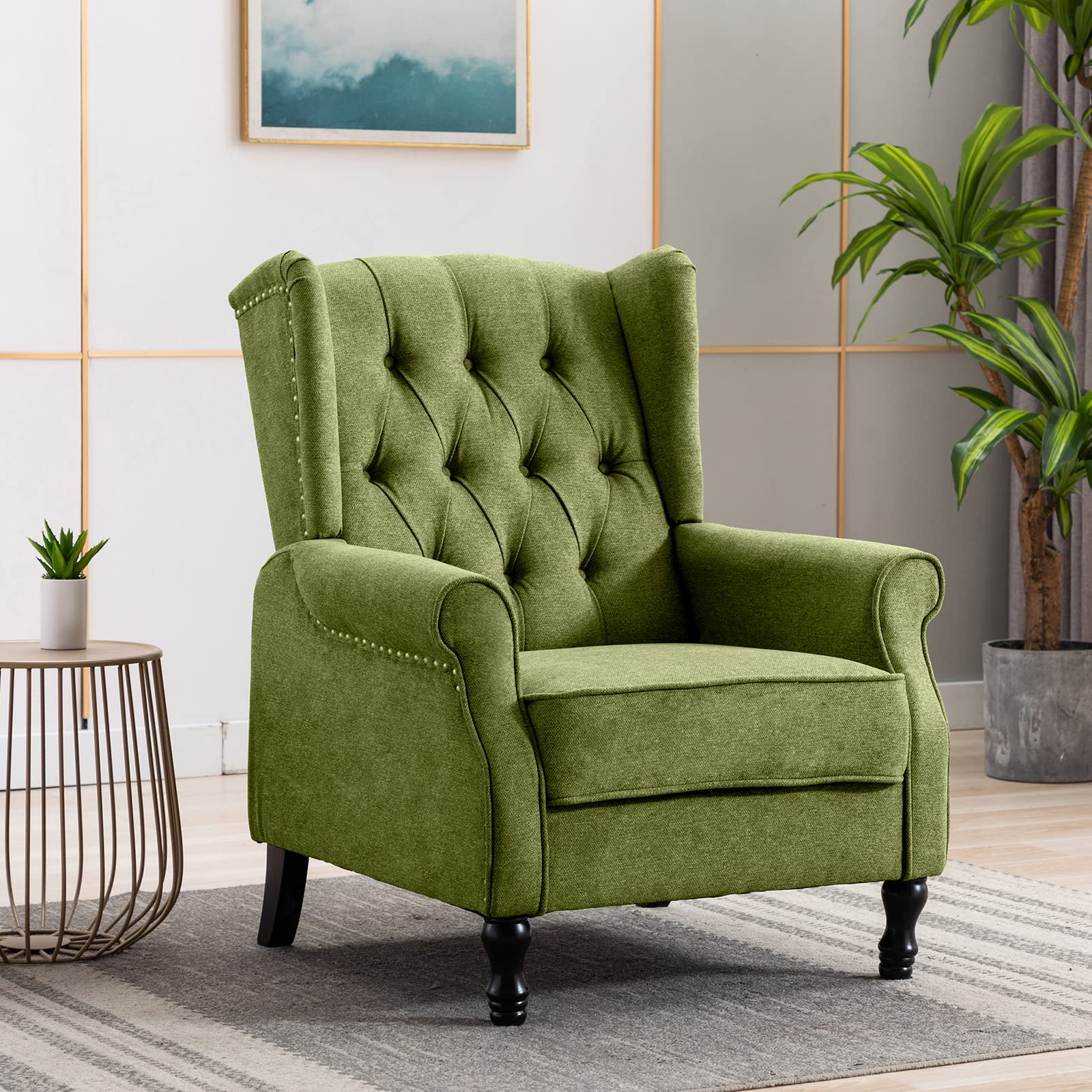 Artechworks Modern Winged Fabric Accent Chair - Tufted Upholstered Club Armchair with Wooden Legs, Linen Single Sofa for Living Room, Bedroom, Office - Comfortable Reading Chair in Green | Perfect for Relaxing, Lounging & Home Decor