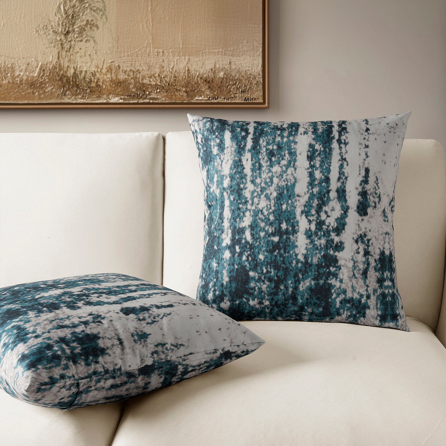 Ocean Blue Abstract Textured Printed Cotton Cushion Covers Set of 2 - Soft Decorative Throw Pillow Covers for Sofa, Bed, Living Room & Home Decor