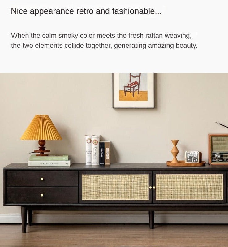 Solid Oak Wood Rattan TV Stand with 4 Drawers - Smoked Finish for Living Room, Bedroom & Home Theater Storage