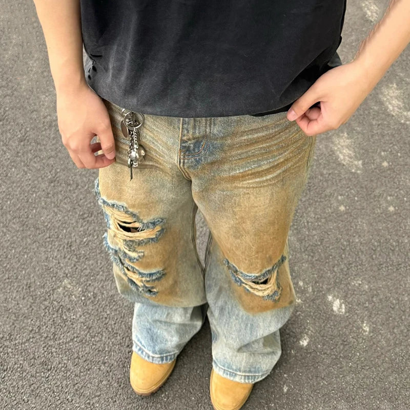 American Style Men's Jeans - Washed Distressed Mud Dyed Contrast Color Denim Pants - Straight Wide Leg Fit for Casual Wear & Street Style | Perfect for Everyday Outfits, Parties, and Urban Fashion