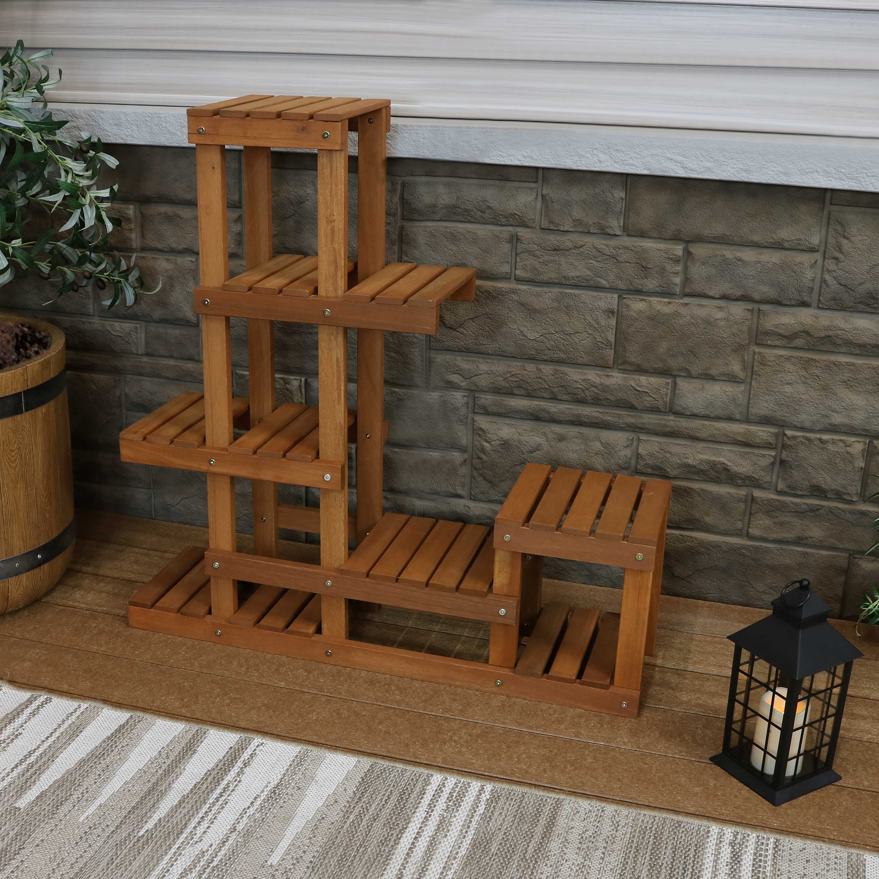Sunnydaze Meranti Wood Multi Tiered Plant Stand - Teak Oil Finish - Perfect for Indoor & Outdoor Garden Decor, Patio, Balcony, and Home Plant Display