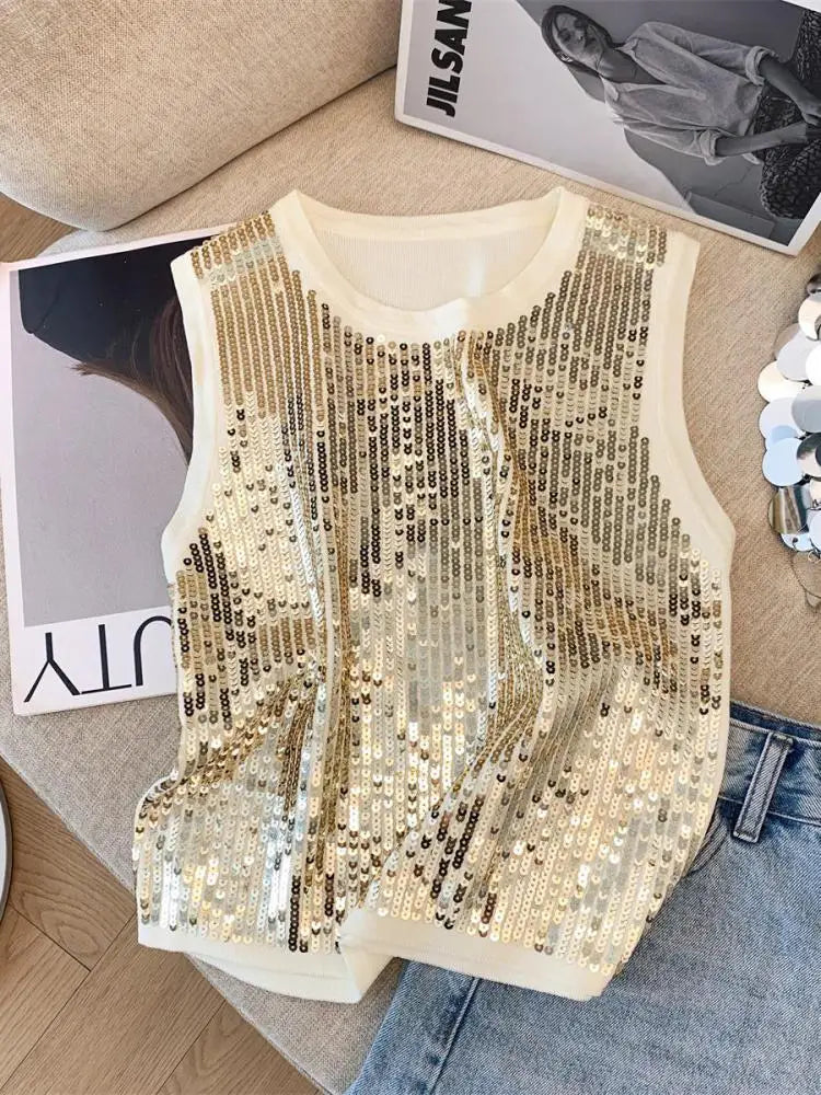 Elegant Black & Beige Sequin Knitted Sleeveless Top for Women - 2024 Summer Retro Y2K Fashion Vest | Perfect for Vacation, Parties & Night Out