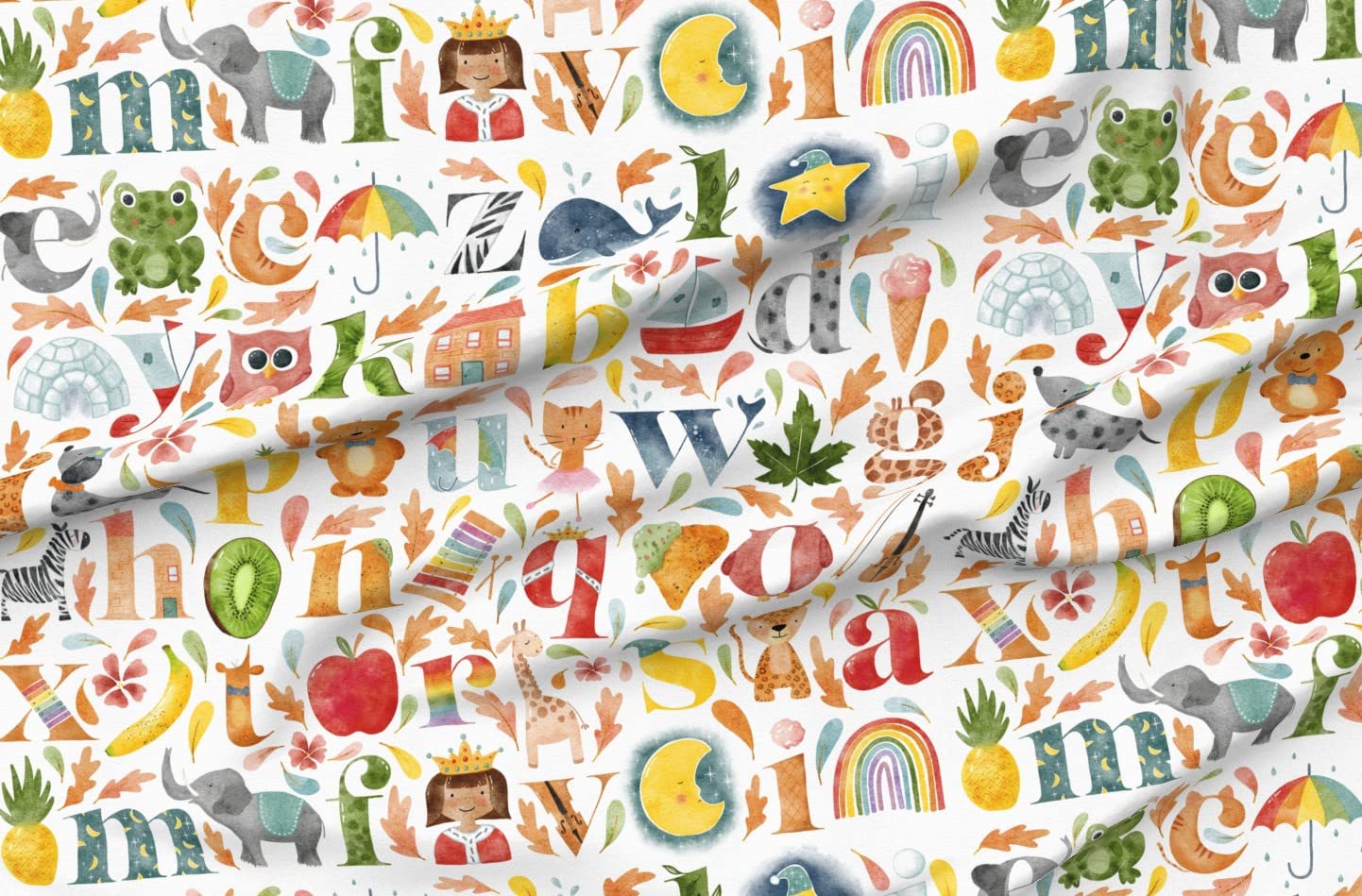 Spoonflower ABC Bright Children Play Kids Nursery Printed Denim Fabric by The Yard - Durable Bottomweight Fabric for Apparel, Home Decor & Upholstery - Perfect for DIY Kids Clothes, Curtains & Nursery Decorations