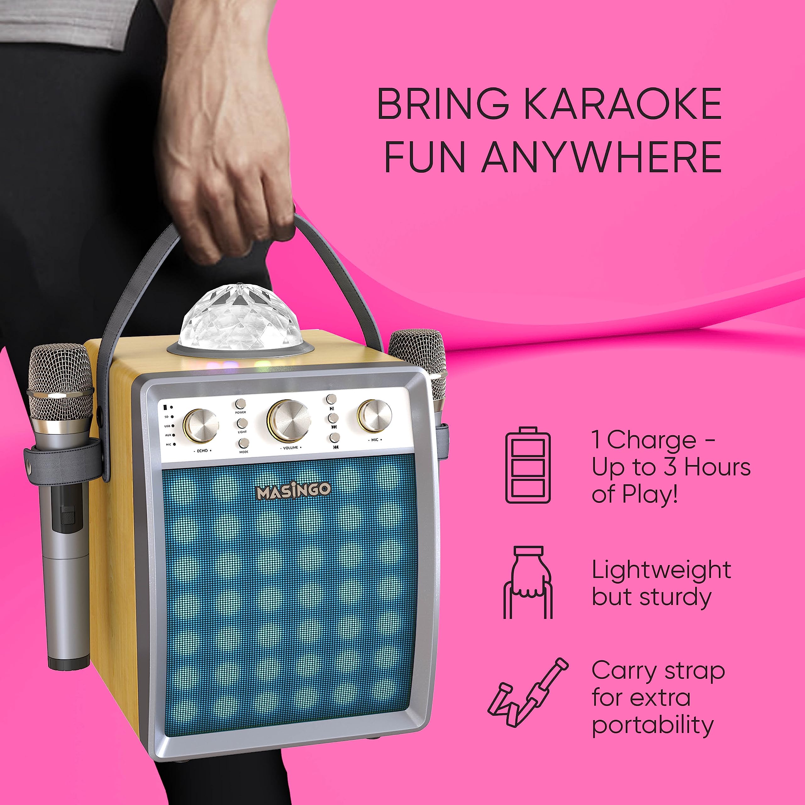 MASINGO M7 Portable Karaoke Machine with 2 Wireless Microphones - Bluetooth PA Speaker System with Disco Ball Party Lights & TV Cable for Adults & Kids - Perfect for Home Parties, Birthday Celebrations & Family Gatherings