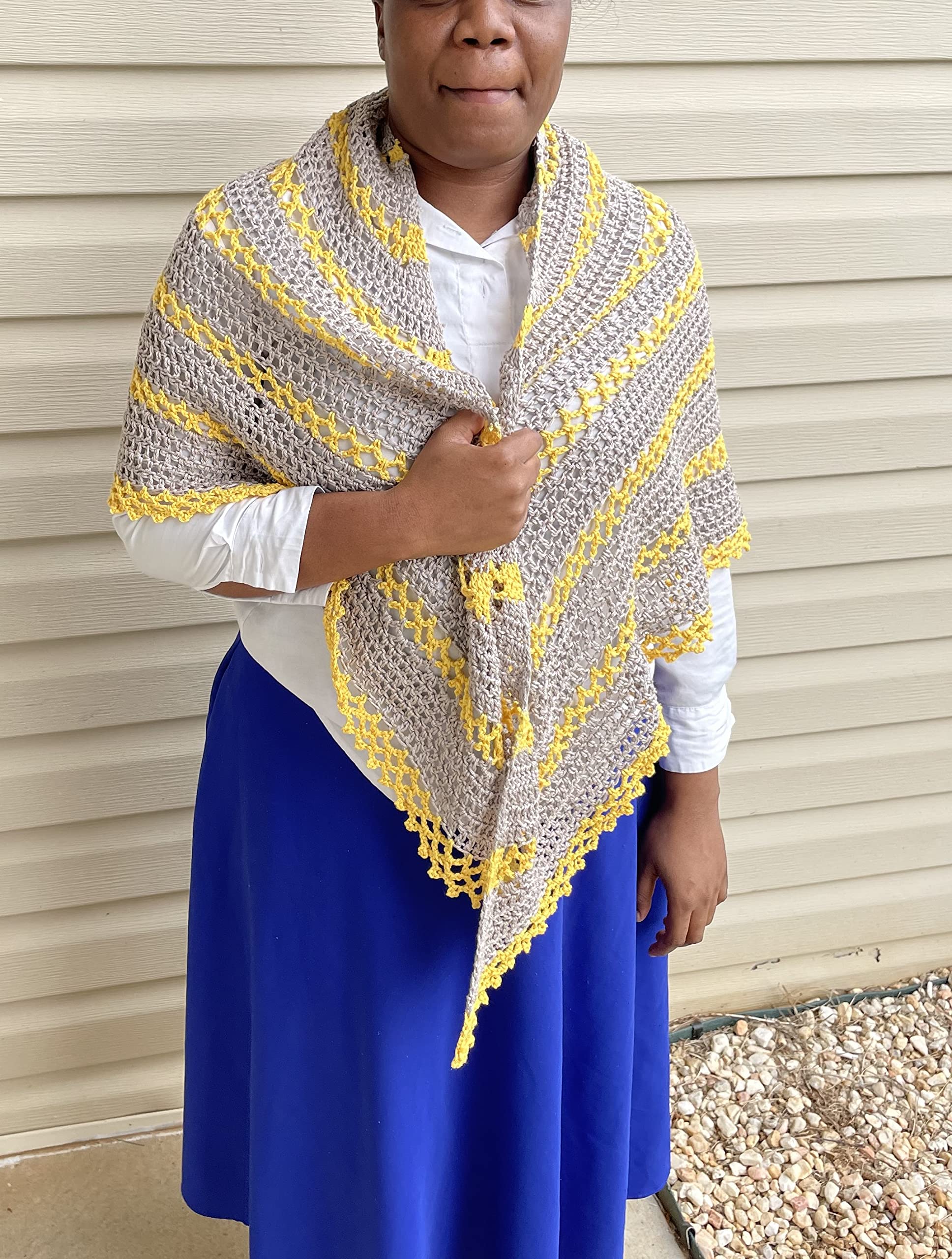 Gray and Yellow Striped Lacy Crochet Shawl - Large Triangle Wrap Scarf with Mesh Lace Design, 100% Pure Cotton - Perfect for Beach Cover-Up, Boho Fashion & Evening Events