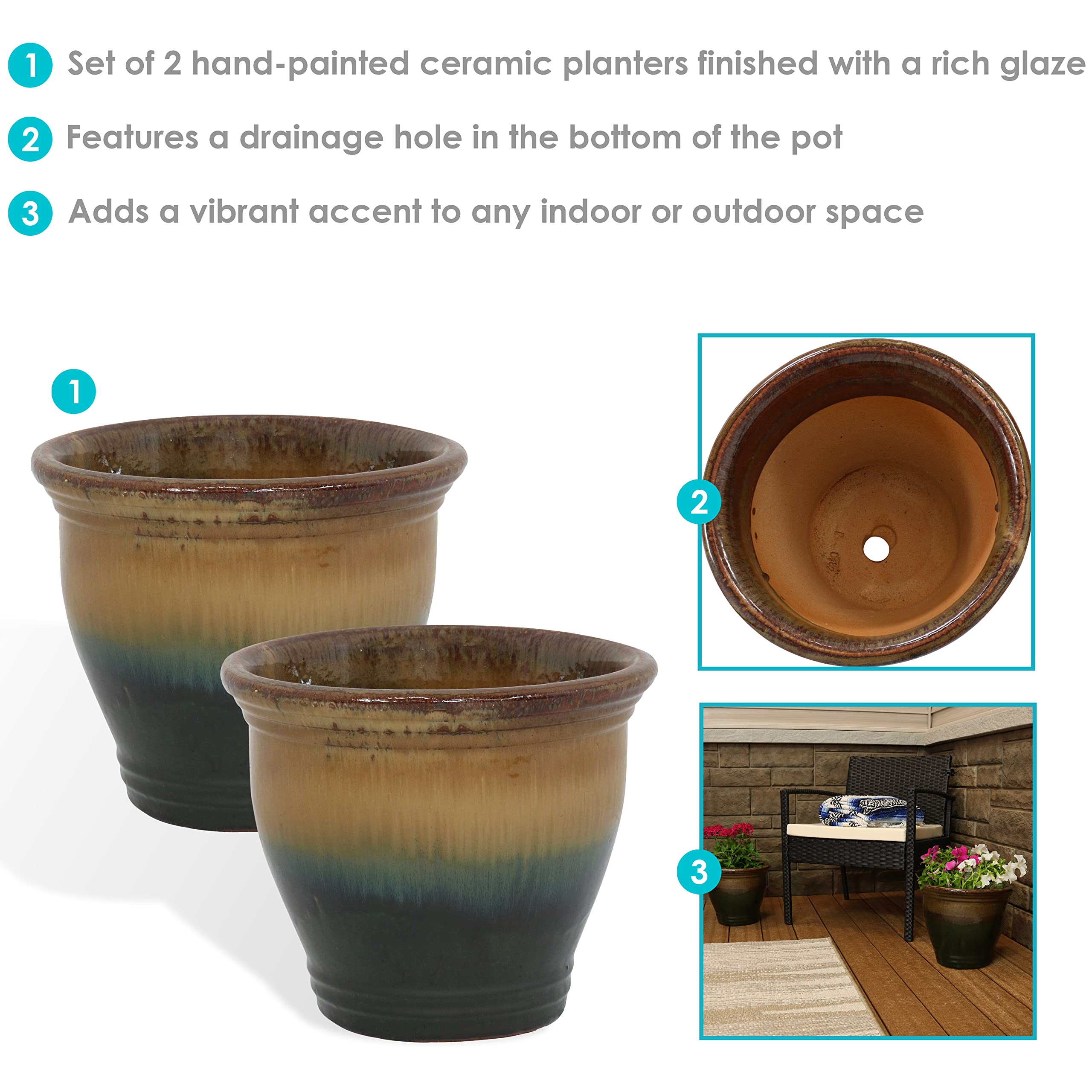 Sunnydaze Round Ceramic Planter Set of 2 - 11 Inch Indoor Outdoor Flower Pots with Drainage Hole - Forest Lake Green Glaze Studio Collection - Perfect for Patio, Garden, Balcony & Home Decor