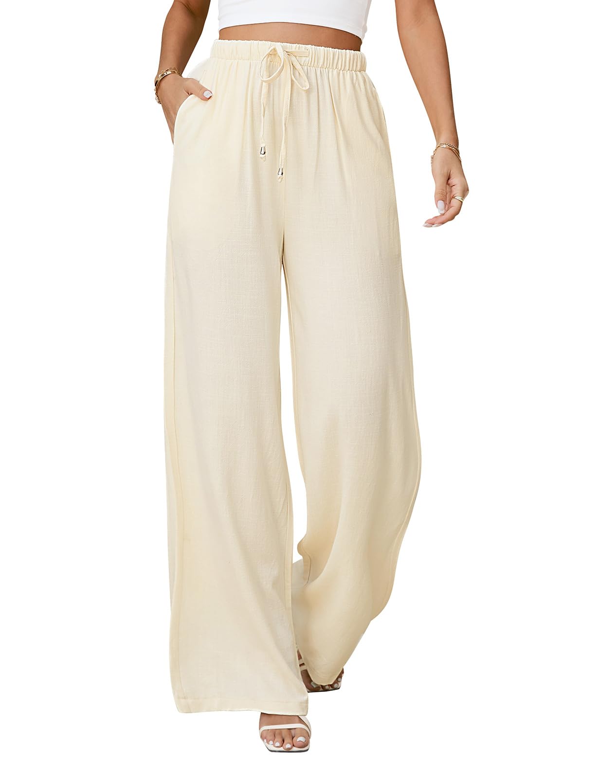 Women's Linen Pants - Casual Wide Leg Palazzo Pants for Summer, Loose Flowy Beach Trousers with Drawstring Elastic Waist | Perfect for Vacation, Yoga, and Boho Style Outfits
