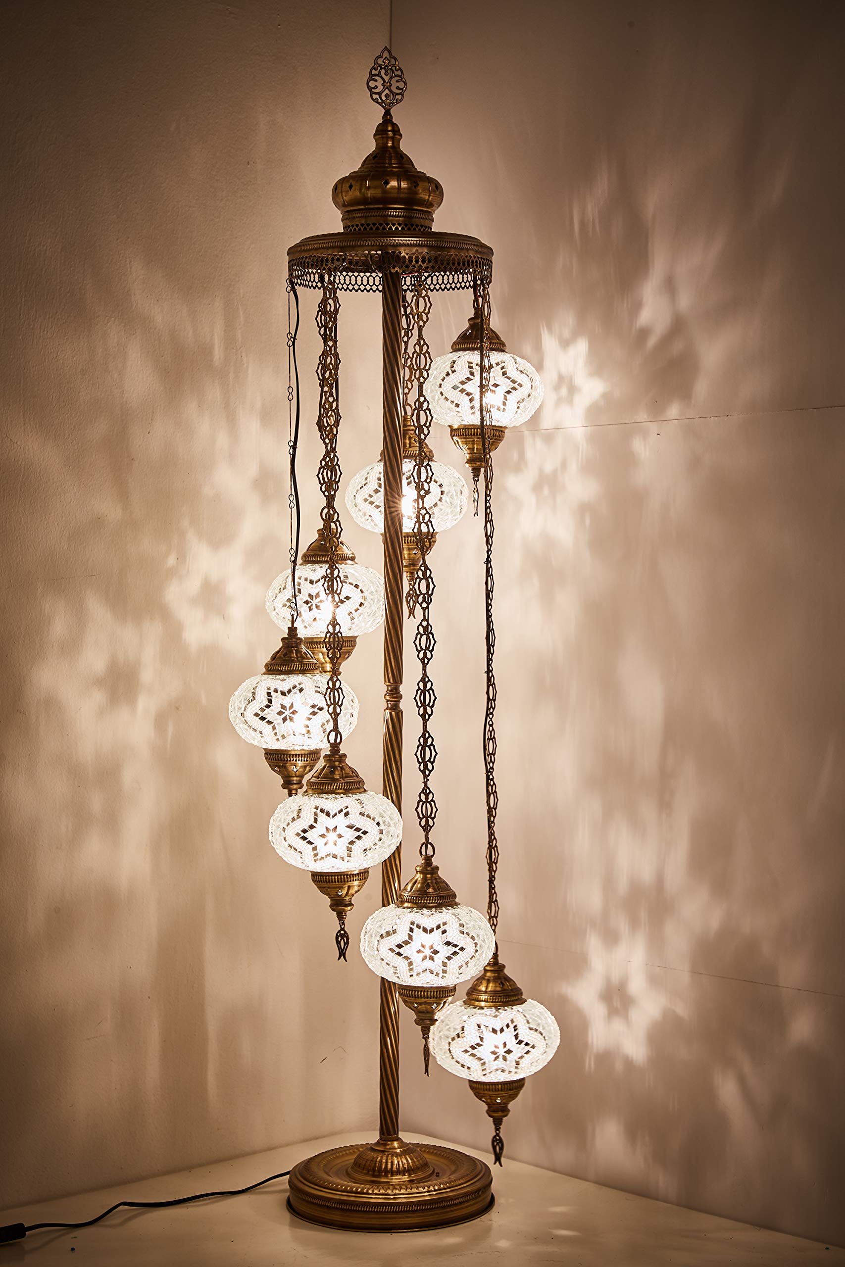 DEMMEX - 7 Large Handcrafted Turkish Moroccan Mosaic Floor Lamp, 5-Foot Tall Tiffany-Style Bohemian Standing Lamp with 7-Inch Globes, Boho Decor for Living Room, Bedroom, Office - Perfect for Cozy Reading Nooks, Meditation Spaces & Bohemian Home Decor