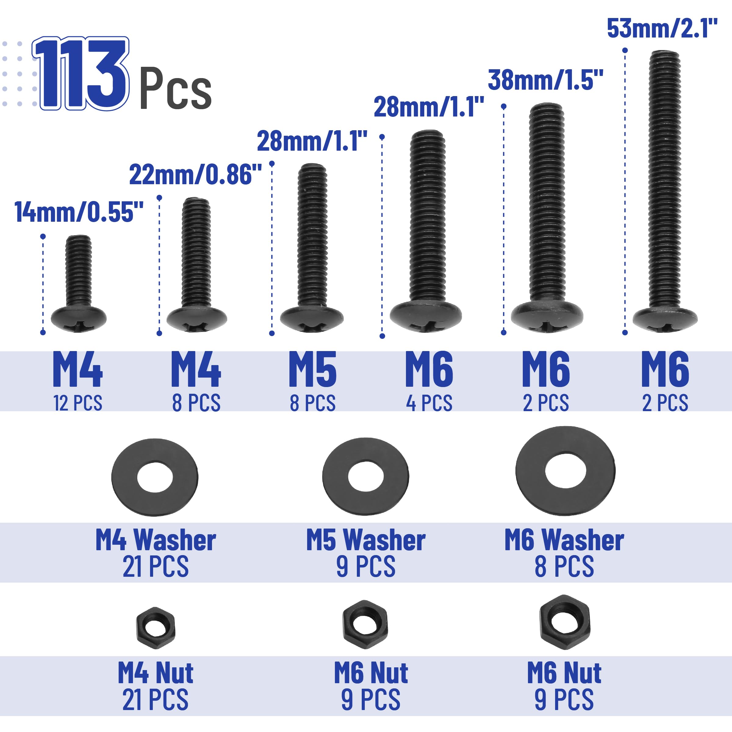 Mr. Pen - 113-Piece Black Bolts, Nuts & Washers Assortment Kit - Assorted Hardware Fasteners for DIY, Home Repair, Furniture Assembly & Automotive Projects